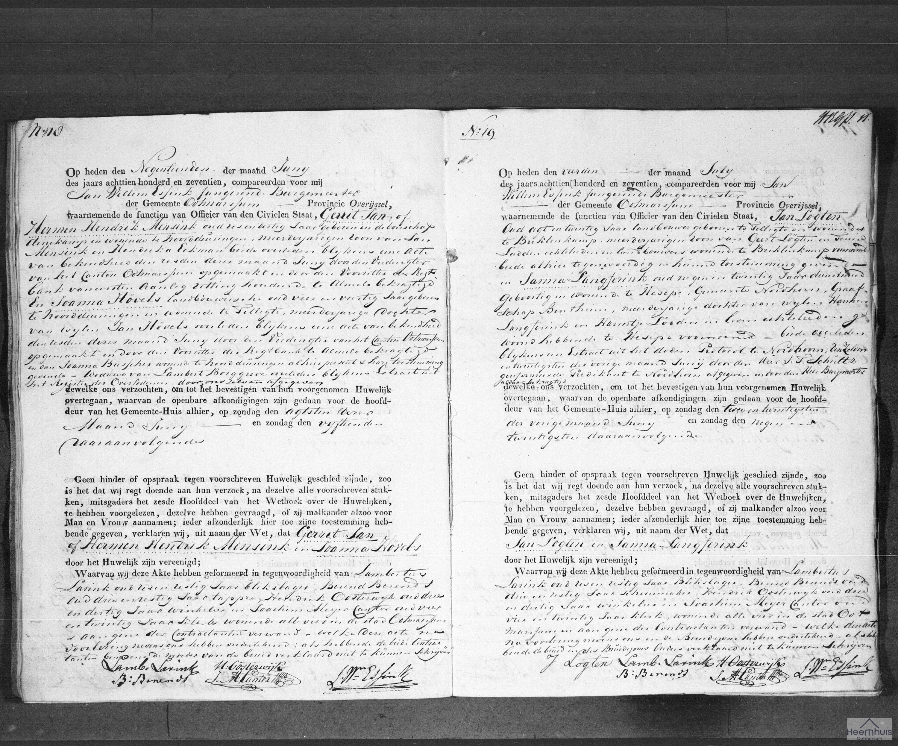 Huwelijksakte van Jan Lögten en Janna Langferink