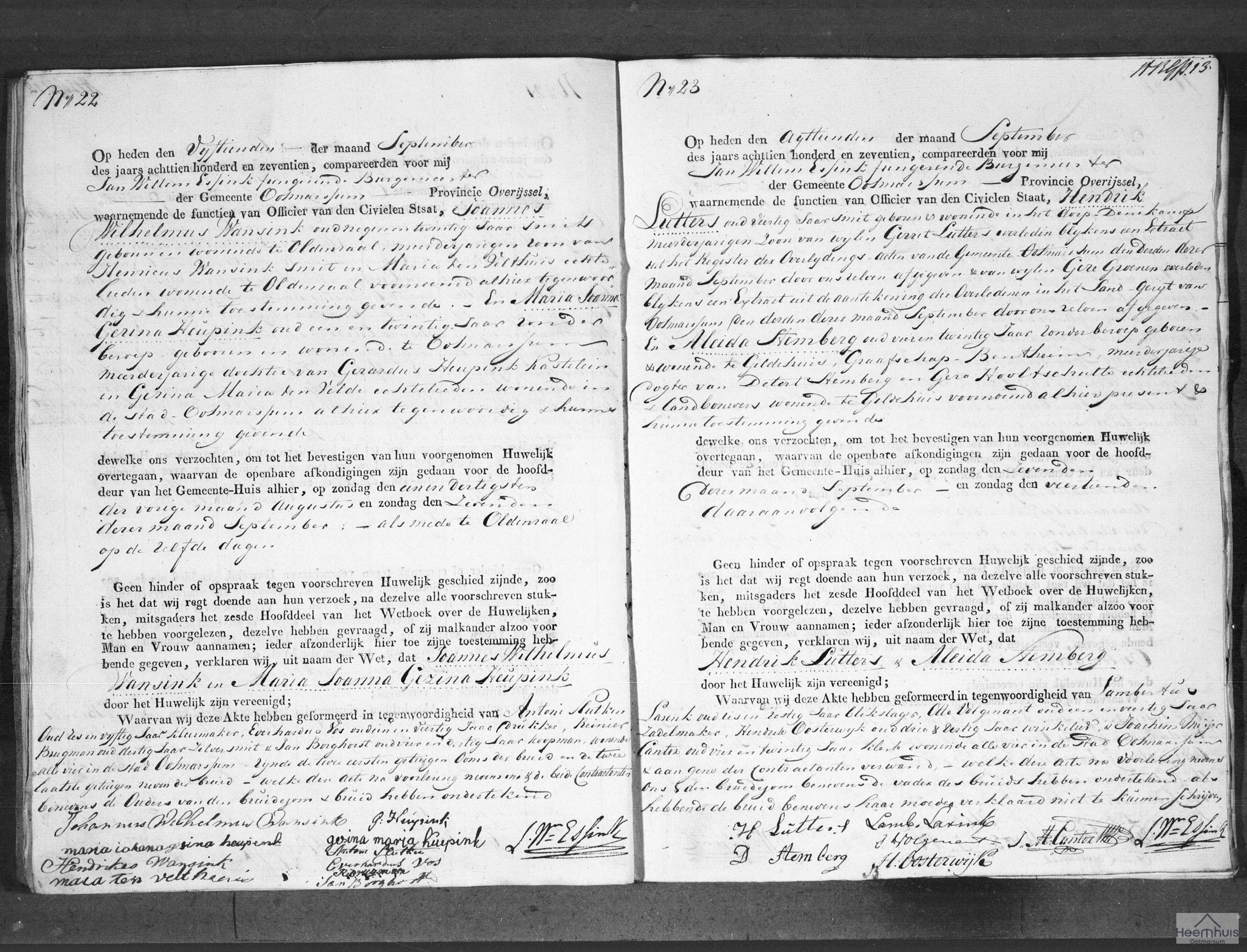 Huwelijksakte van Joannes Wilhelmus Wansink en Maria Joanna Gezina Heupink