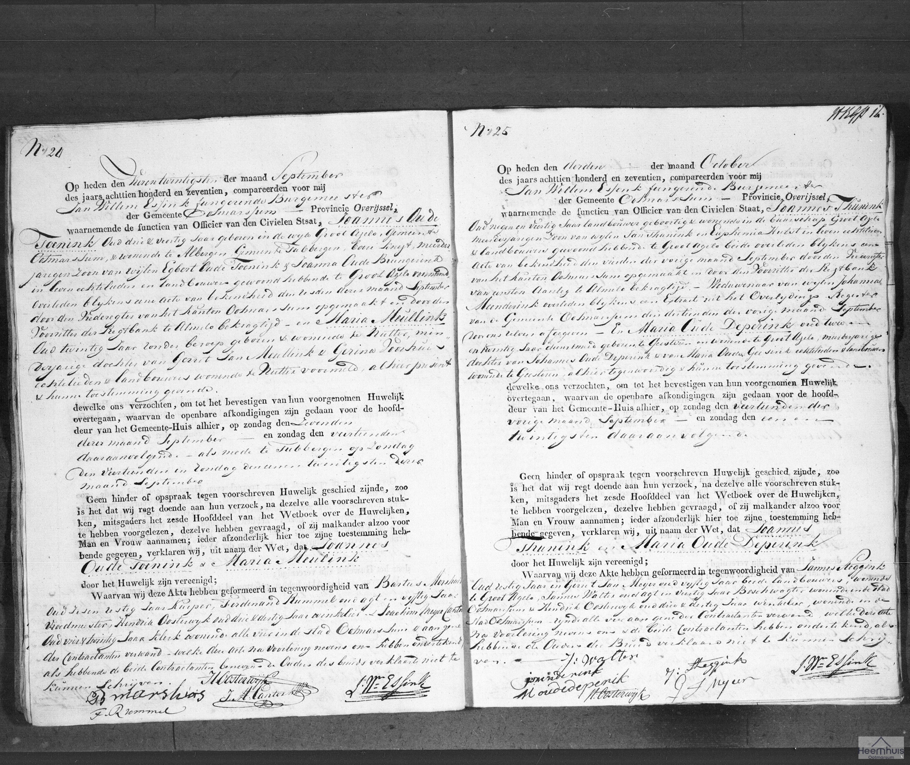 Huwelijksakte van Joannes Oude Toenink en Maria Meullink