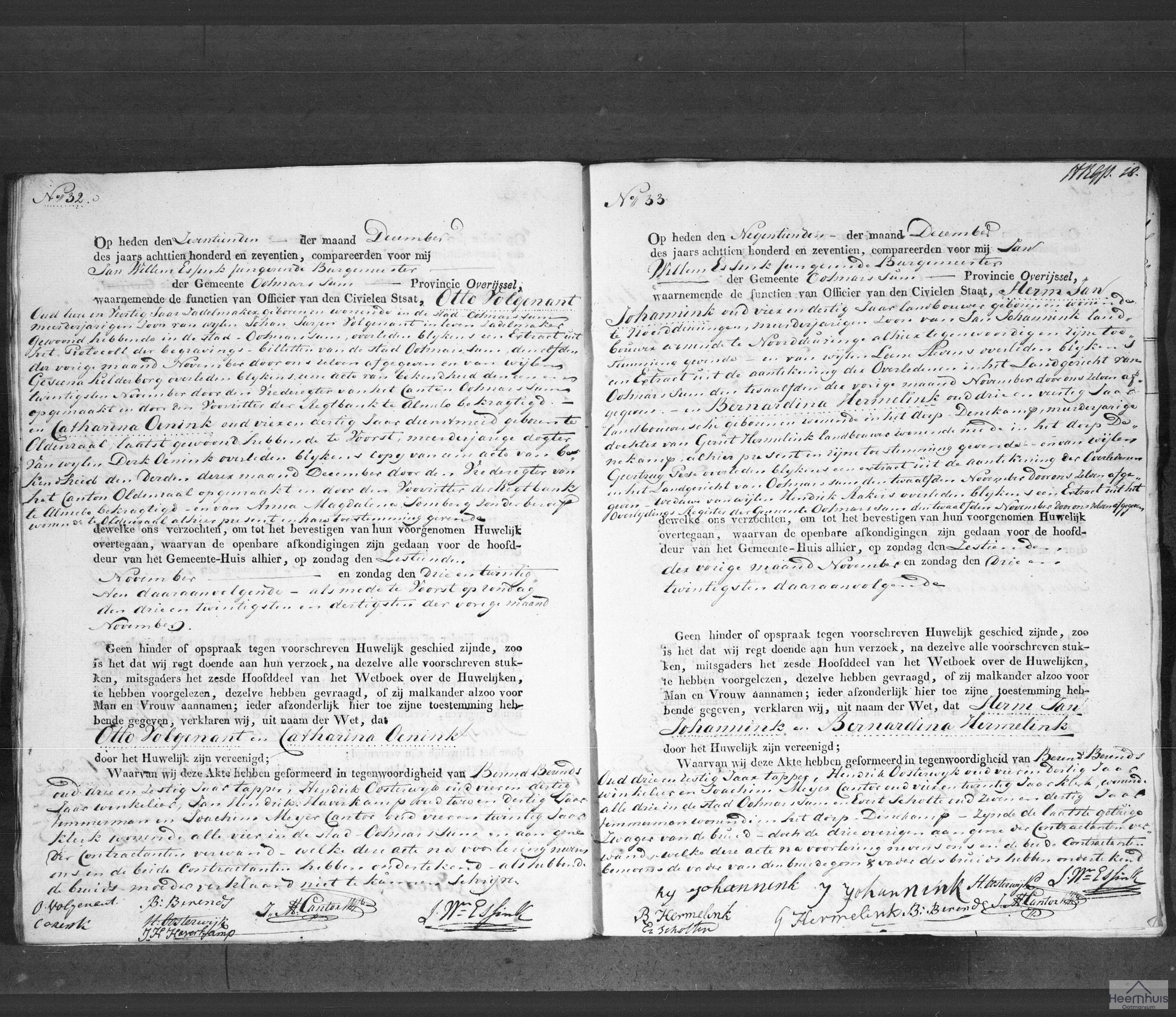 Huwelijksakte van Herm Jan Johannink en Bernardina Hermelink