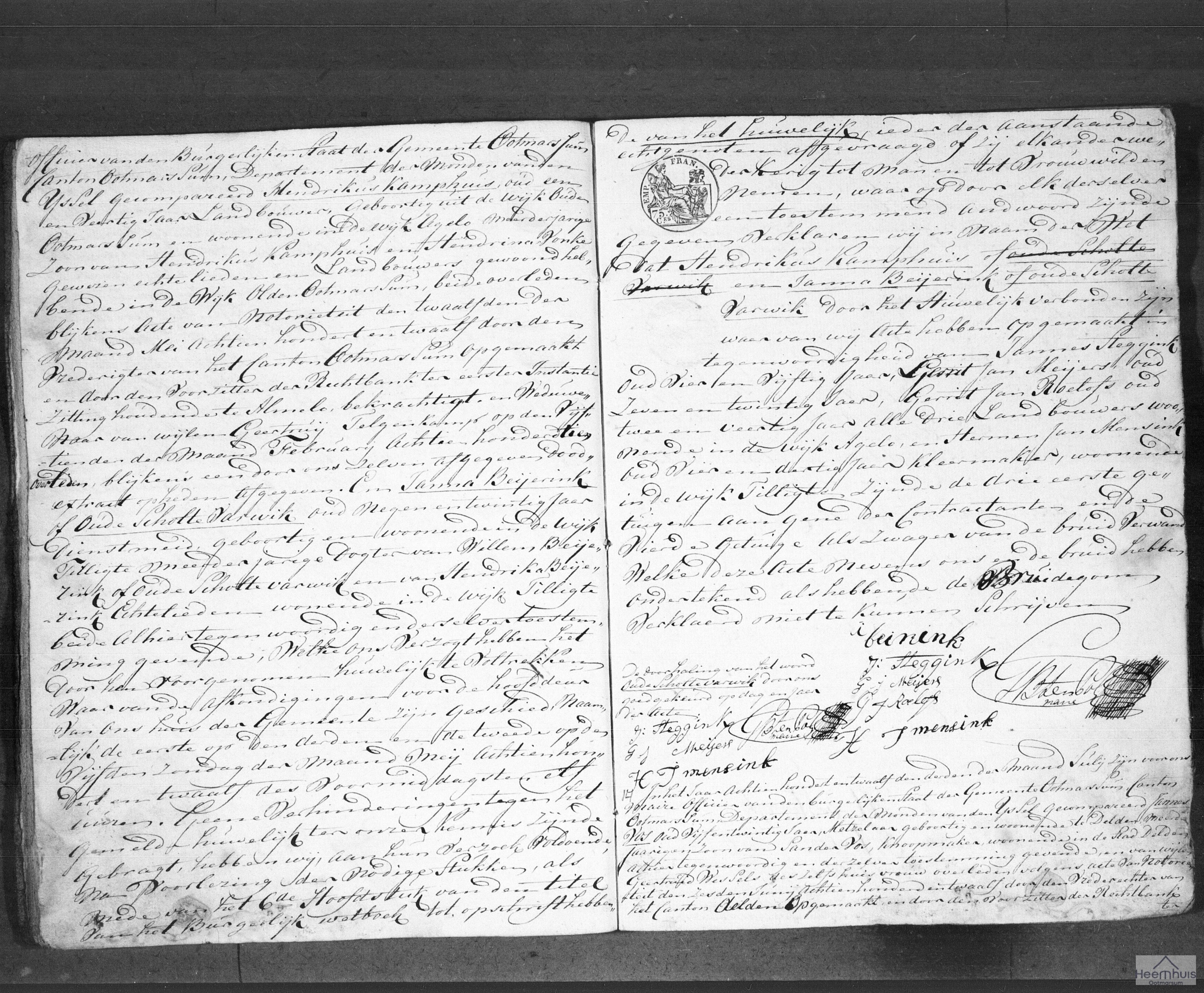 Huwelijksakte van Hendrikus Kamphuis en Janna Beijerink of Oude Scholte Varwik