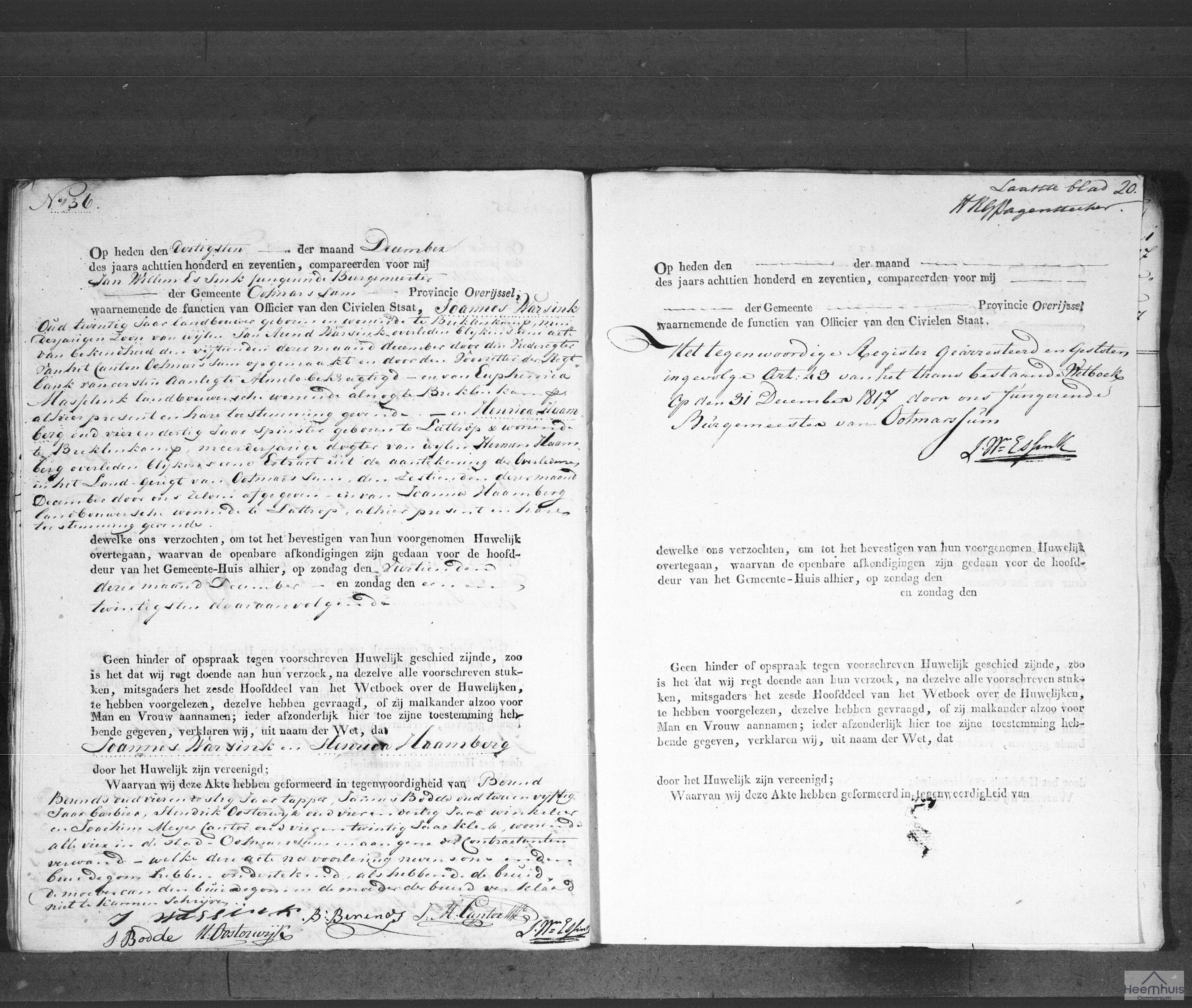 Huwelijksakte van Joannes Warsink en Henrica Haamberg