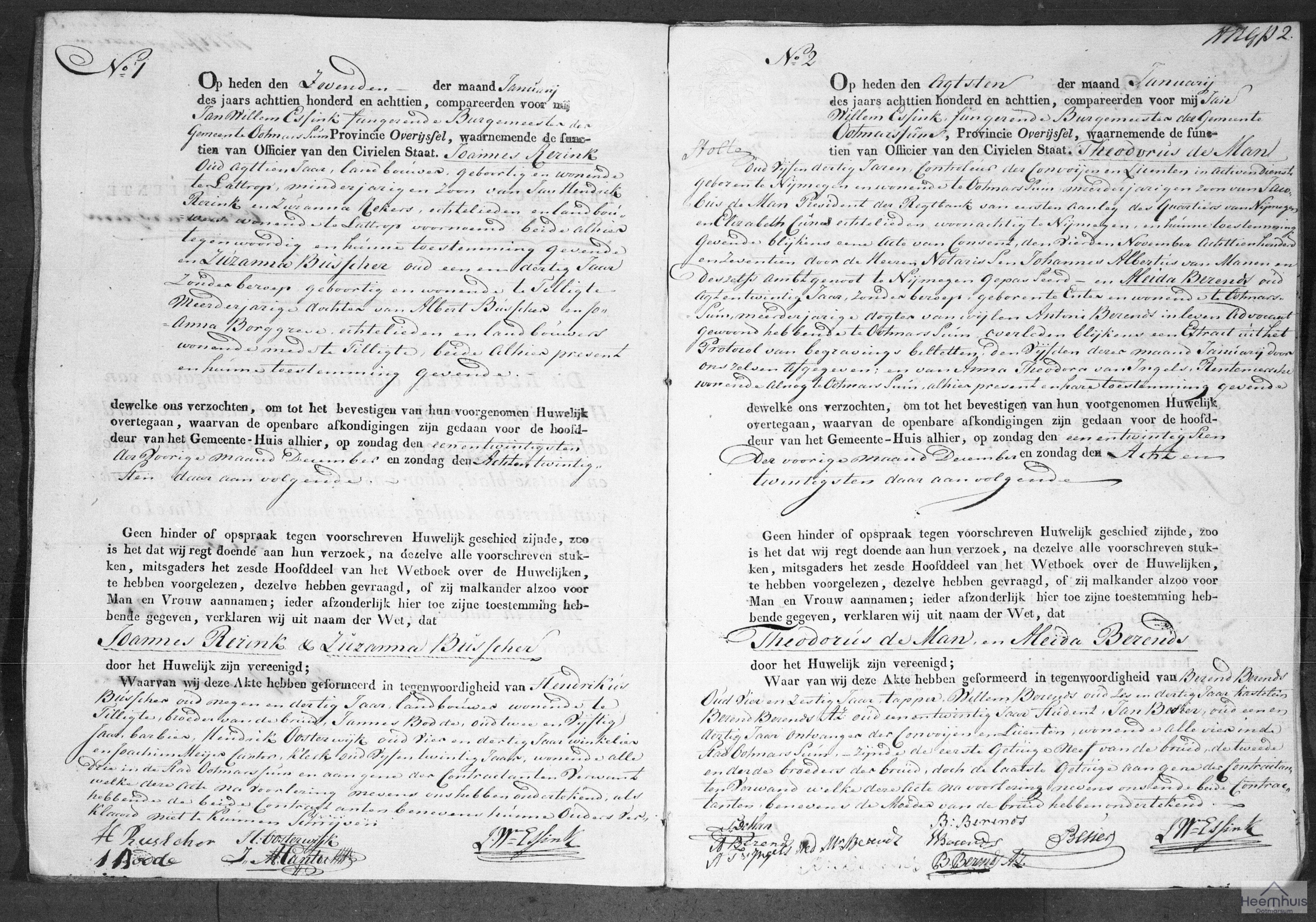 Huwelijksakte van Theodorus de Man en Aleida Berends Huwelijksakte van Theodorus de Man en Aleida Berends