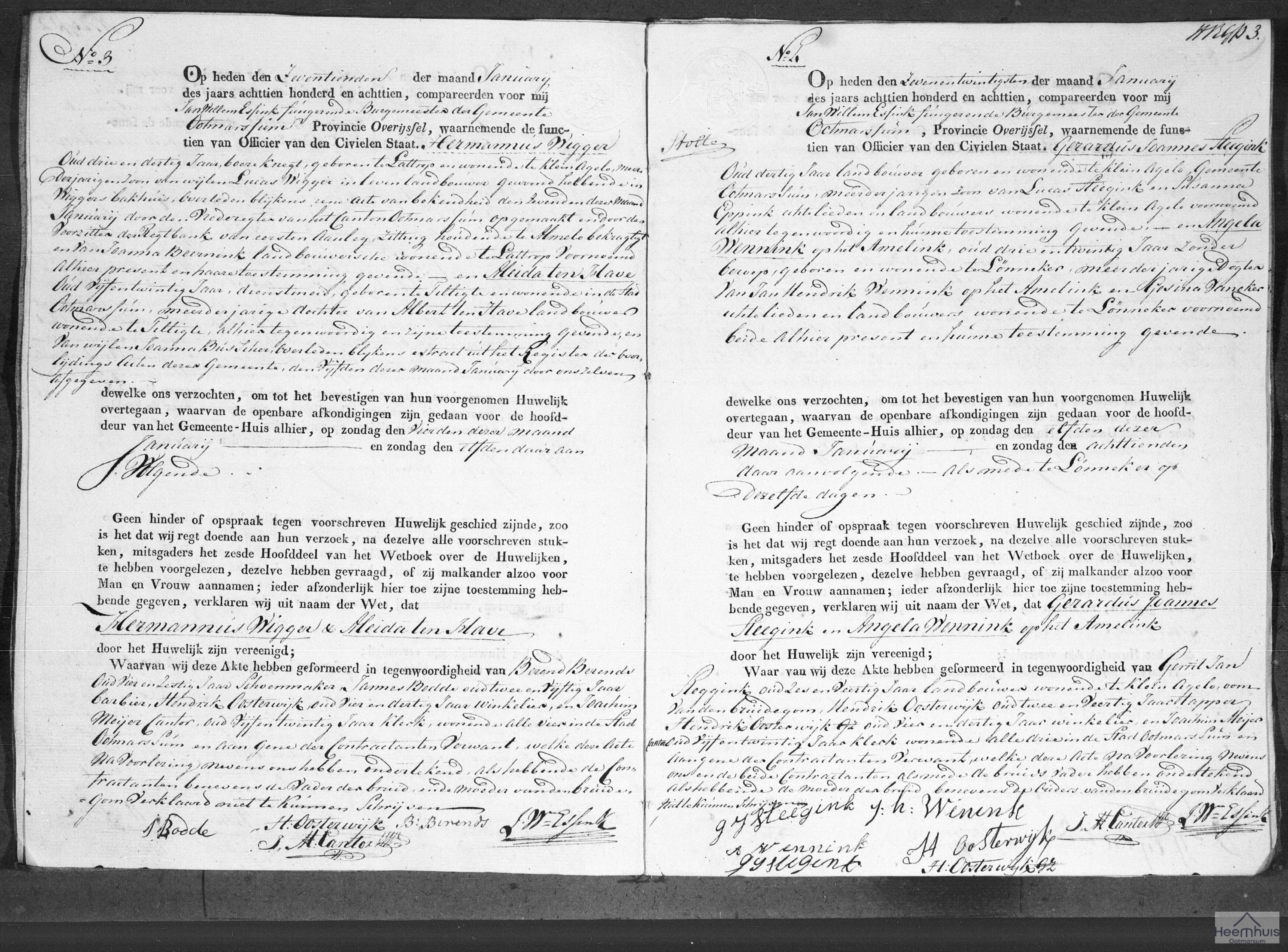 Huwelijksakte van Gerardus Joannes Steegink en Angela Wennink op het Amelink