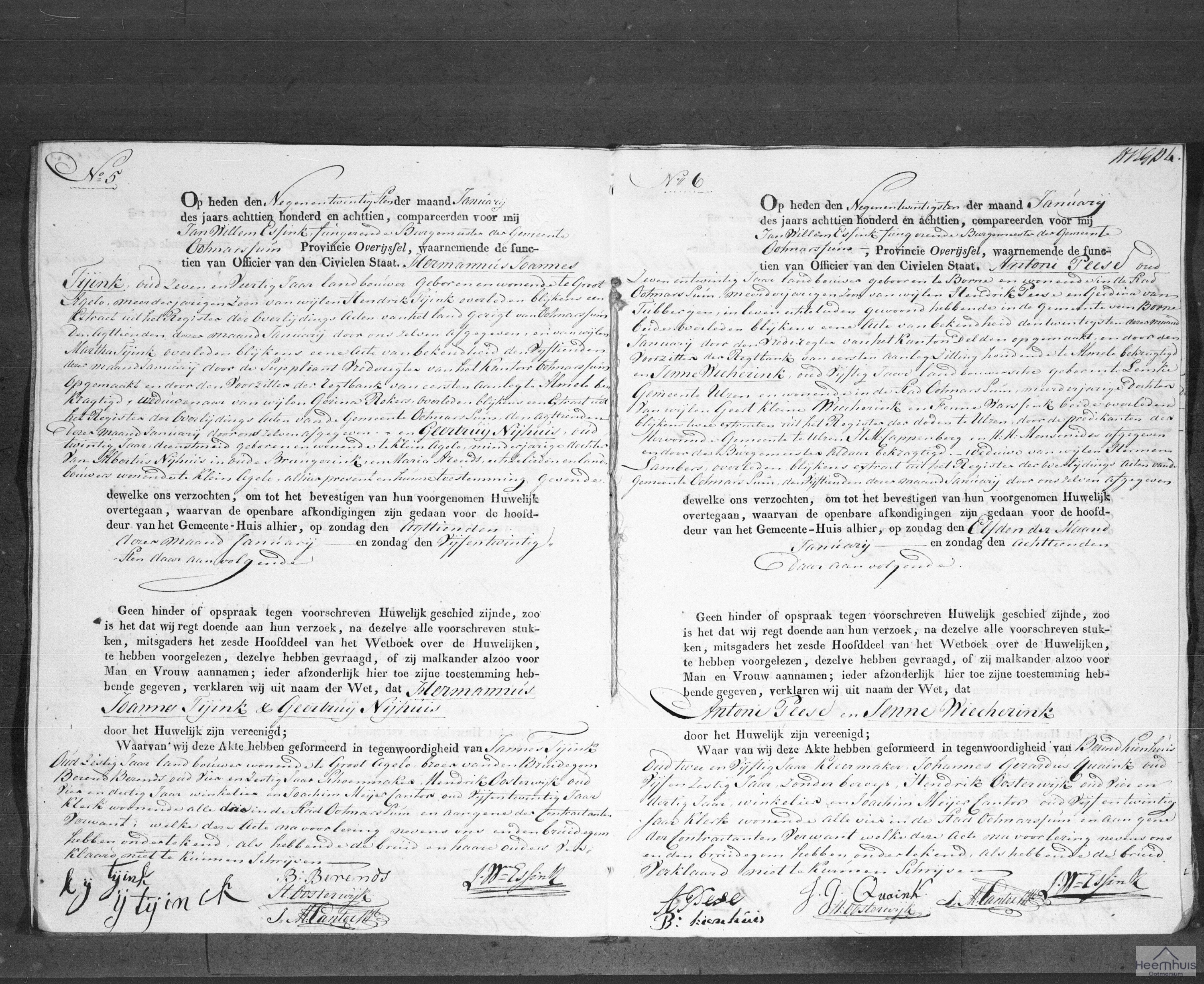 Huwelijksakte van Hermannus Joannes Tijink en Geertruij Nijhuis
