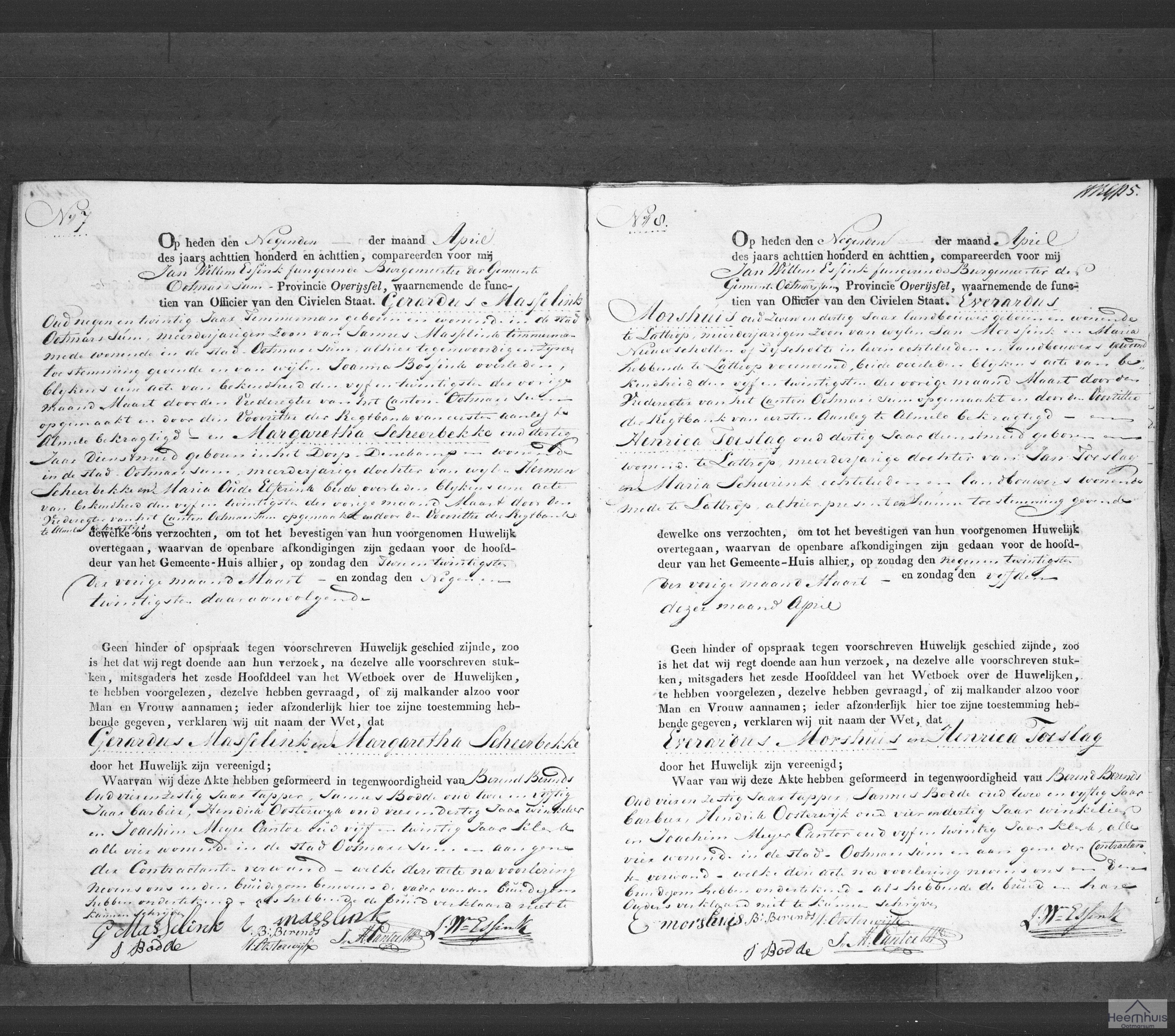 Huwelijksakte van Everardus Morshuis en Henrica Toeslag