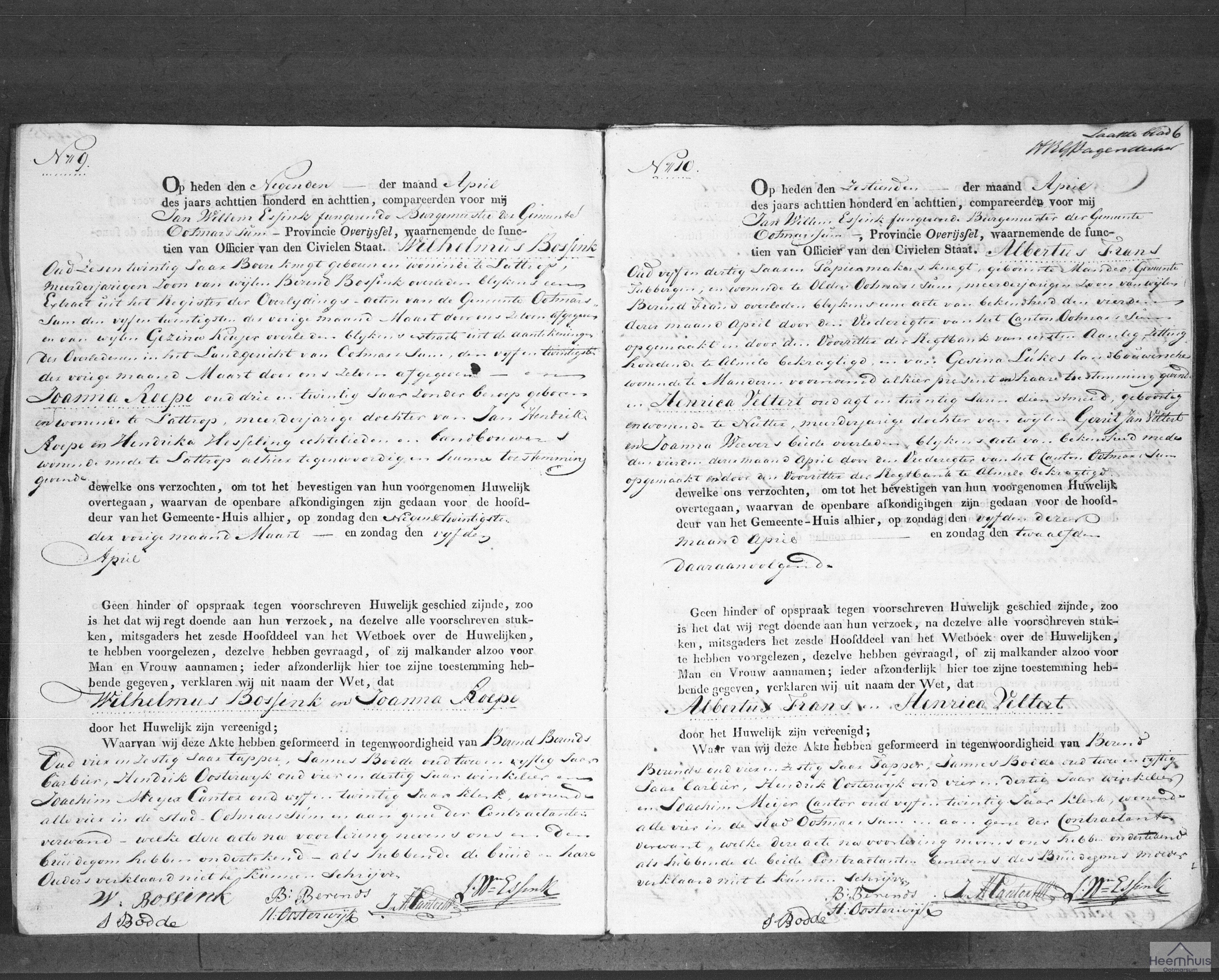 Huwelijksakte van Wilhelmus Bossink en Joanna Roepe