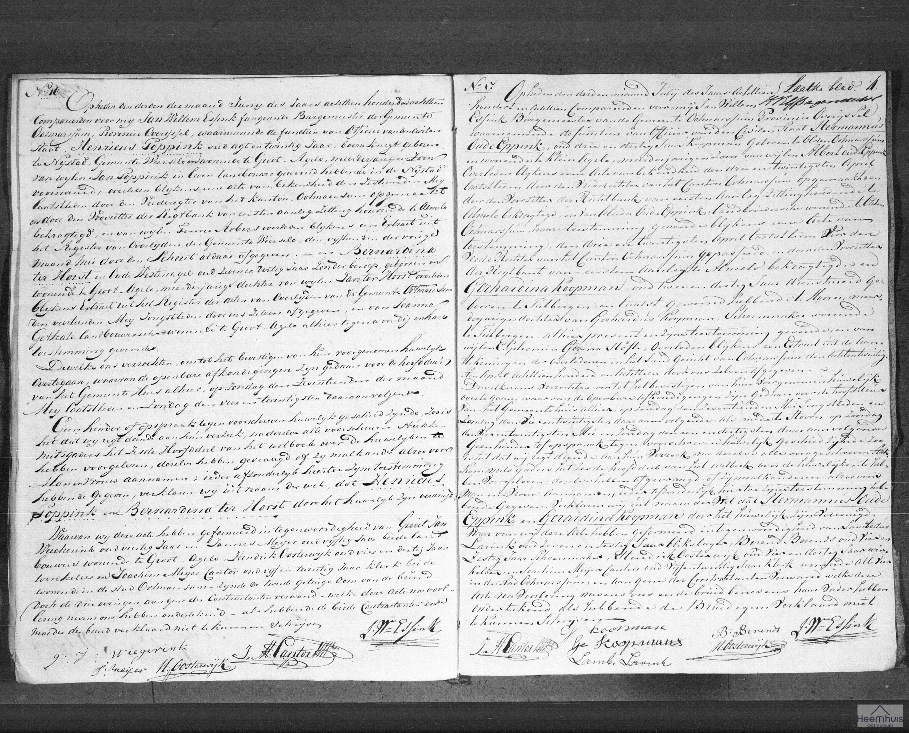 Huwelijksakte van Henricus Poppink en Bernardina ter Horst in Oude Westenagel