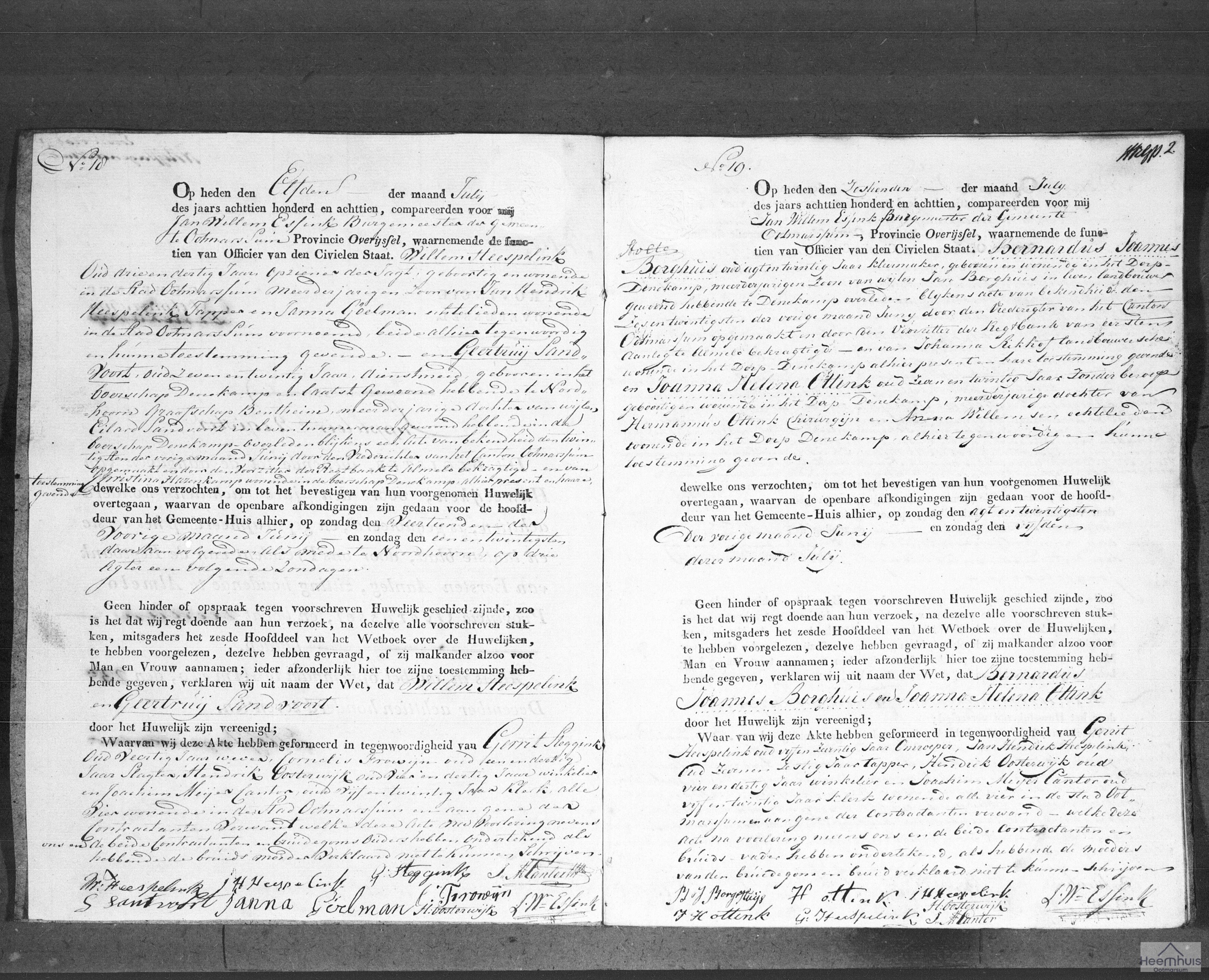 Huwelijksakte van Willem Heespelink en Geertruij Sandvoort