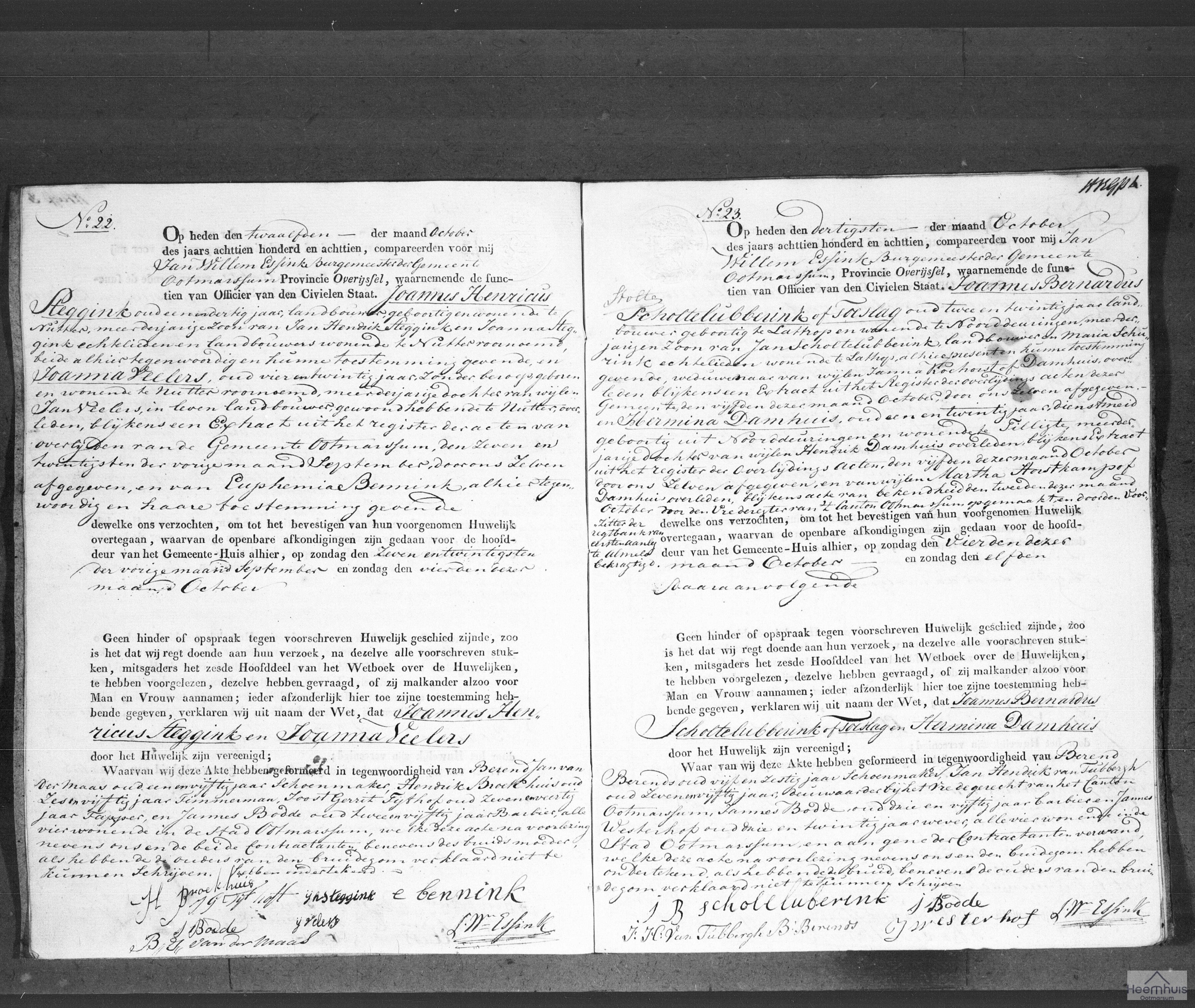 Huwelijksakte van Joannes Bernardus Scholtelubberink of Toeslag en Hermina Damhuis