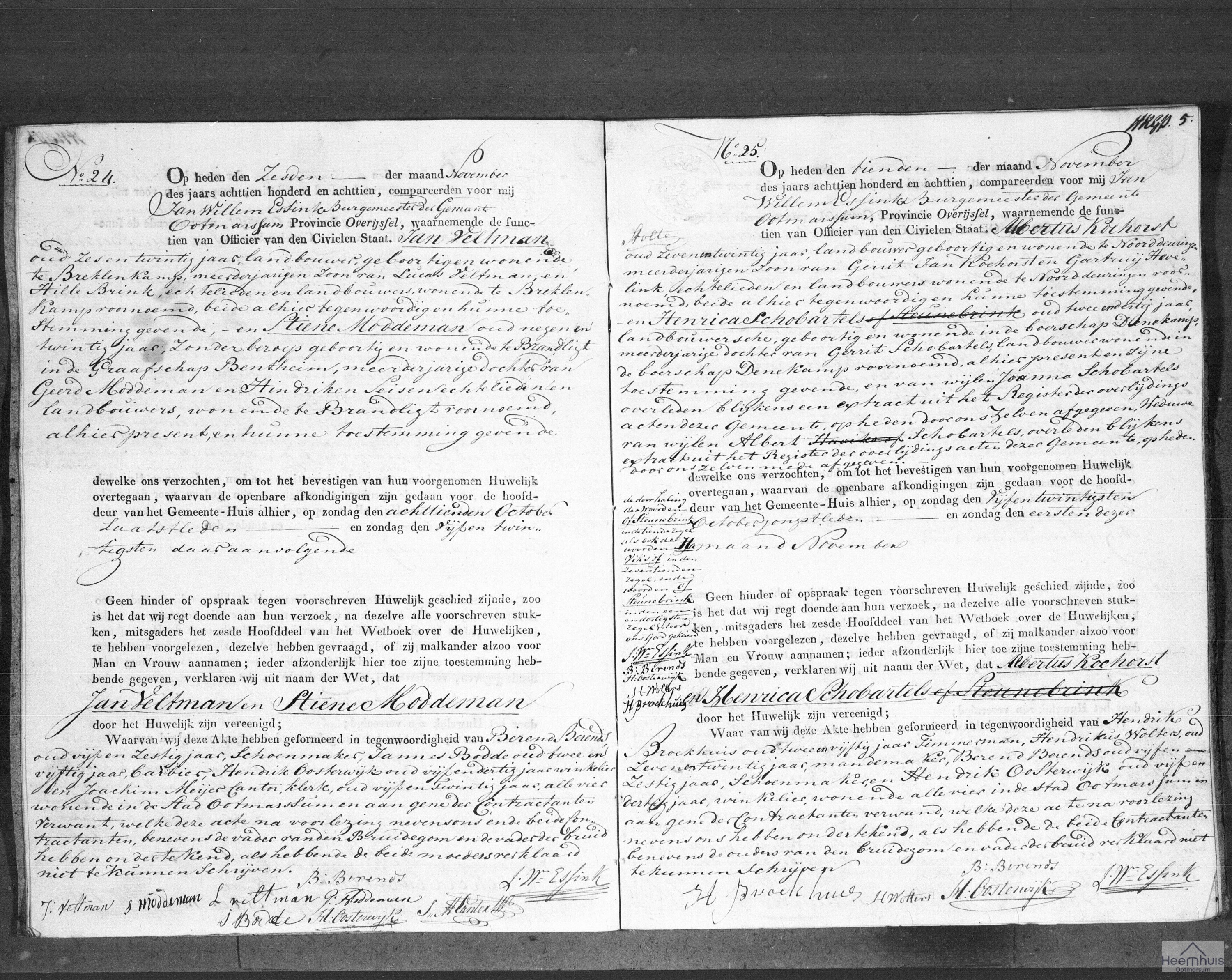 Huwelijksakte van Albertus Koehorst en Henrica Schobartels