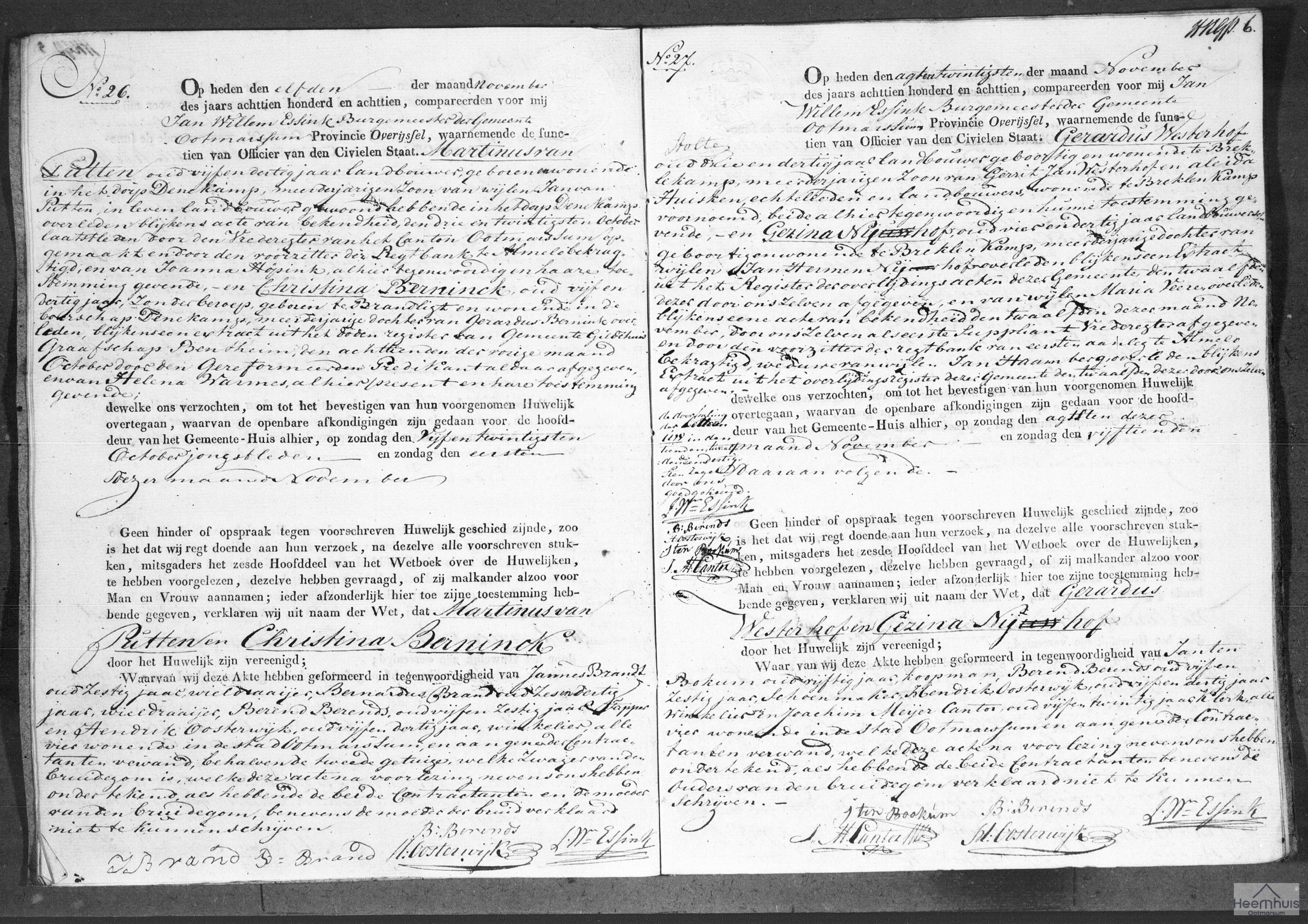 Huwelijksakte van Gerardus Westerhof en Gezina Nijhof