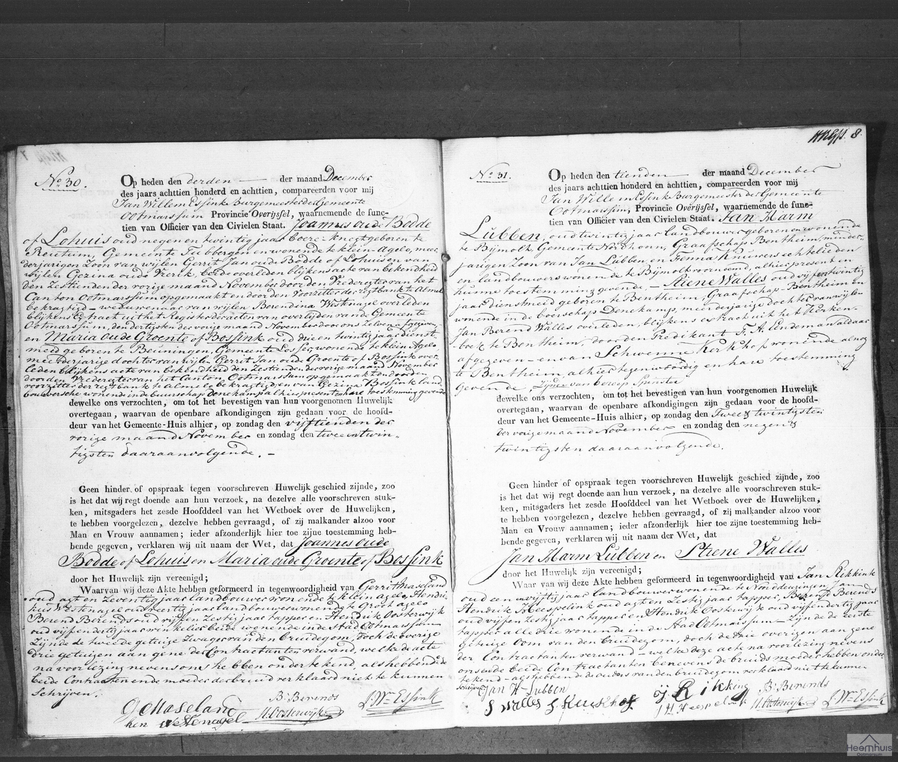 Huwelijksakte van Jan Harm Lubben en Stiene Walles
