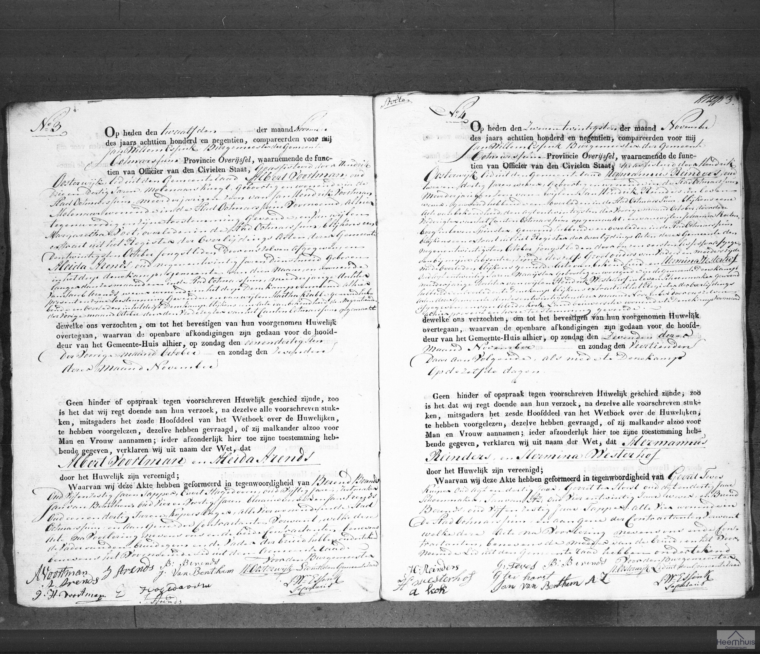 Huwelijksakte van Hermannus Reinders en Hermina Westerhof