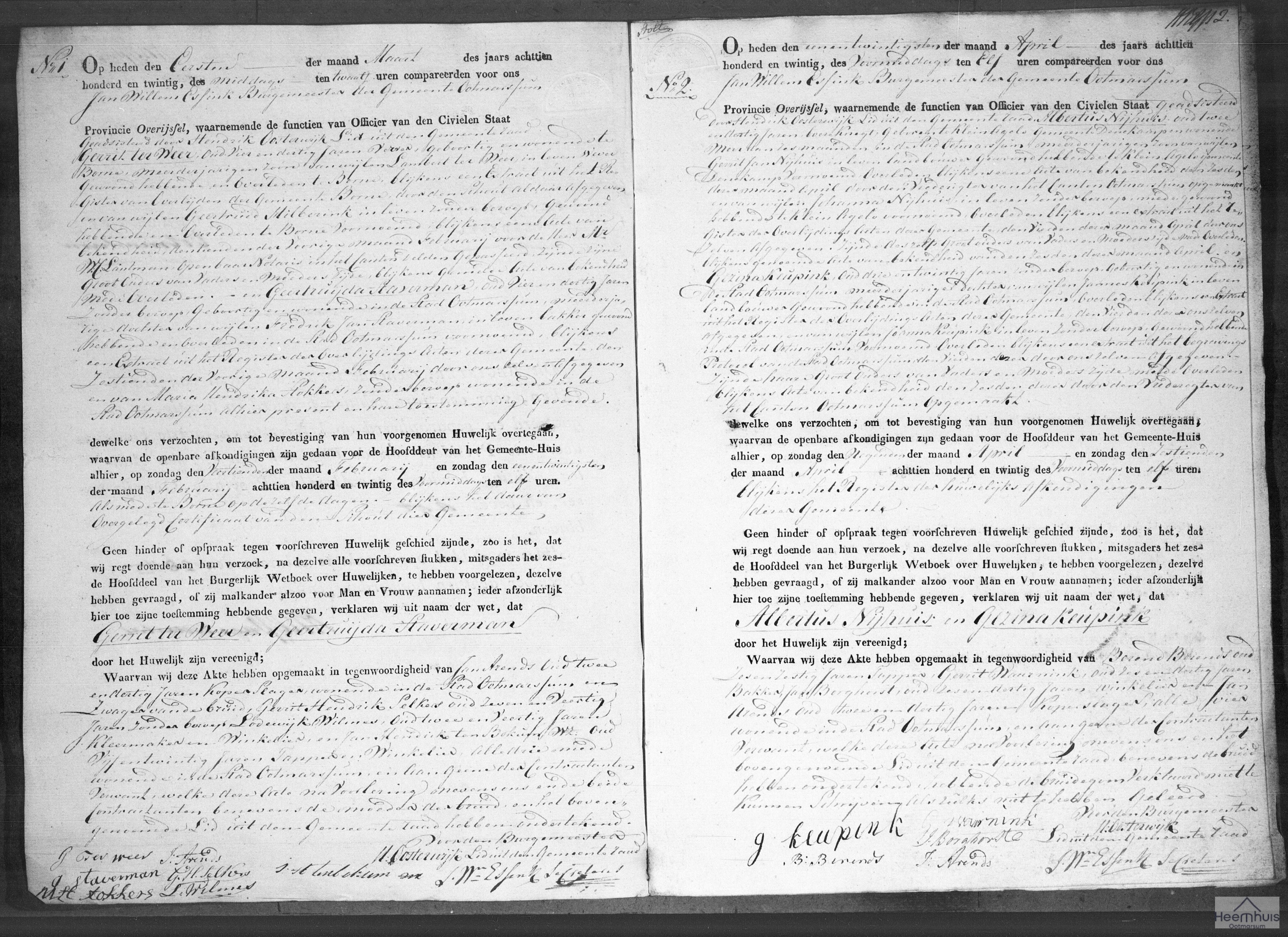 Huwelijksakte van Albertus Nijhuis en Gezina Keupink