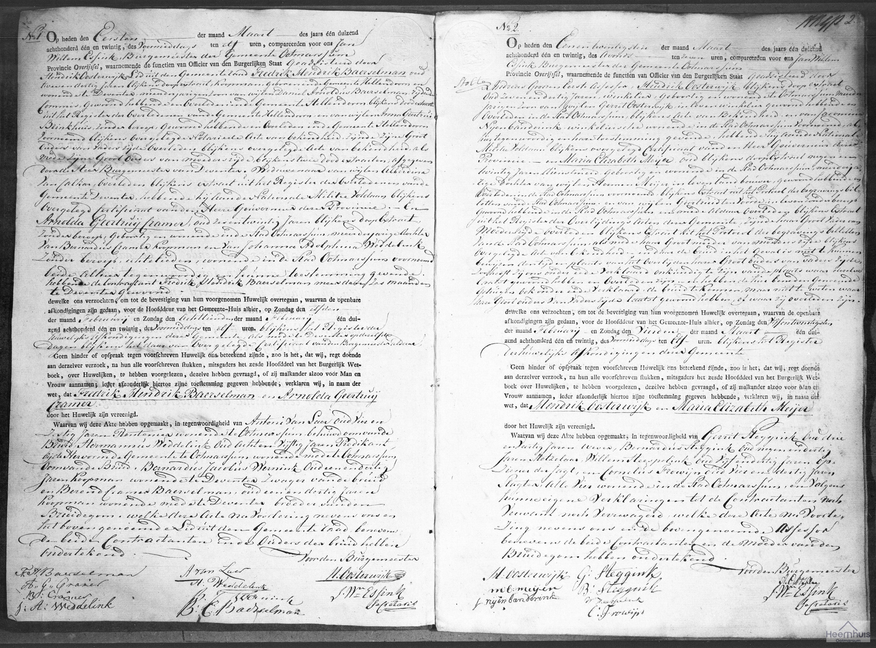 Huwelijksakte van Hendrik Oosterwijk en Maria Elizabeth Meijer