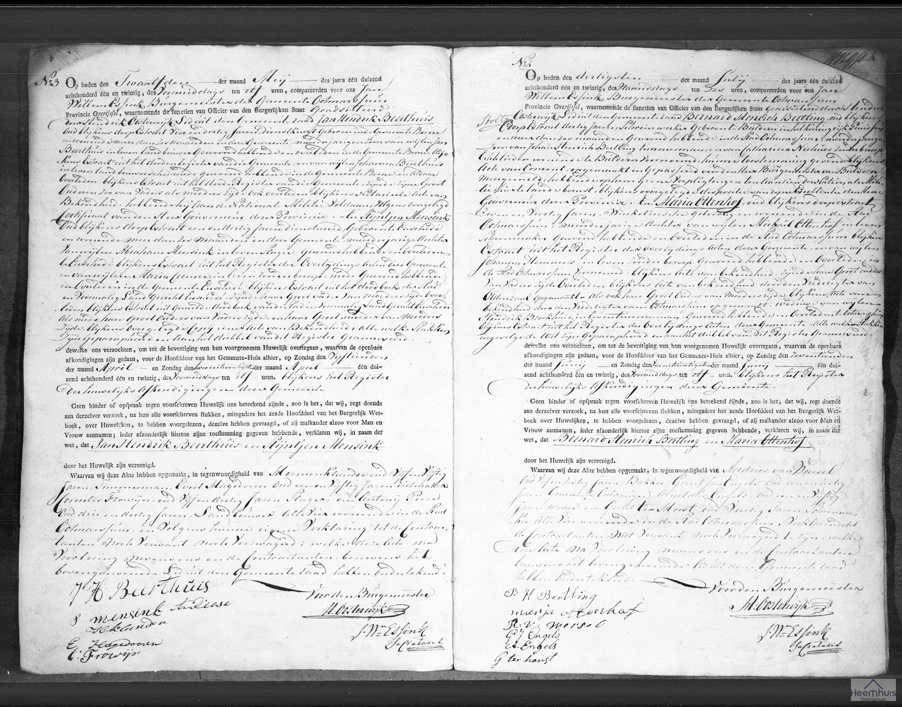 Huwelijksakte van Jan Hendrik Beerthuis en Stijntjen Mensink