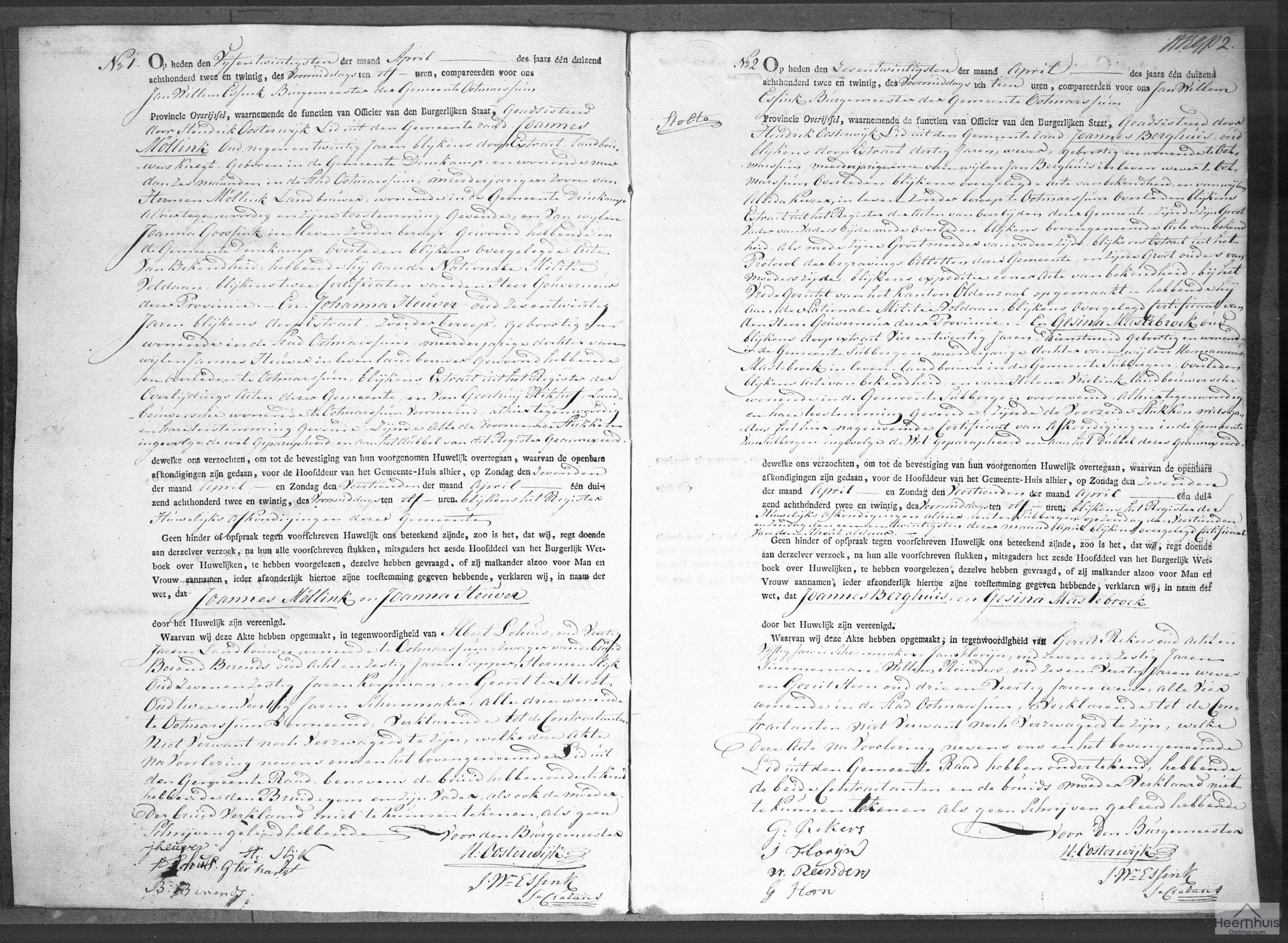 Huwelijksakte van Joannes Berghuis en Gesina Mastebroek