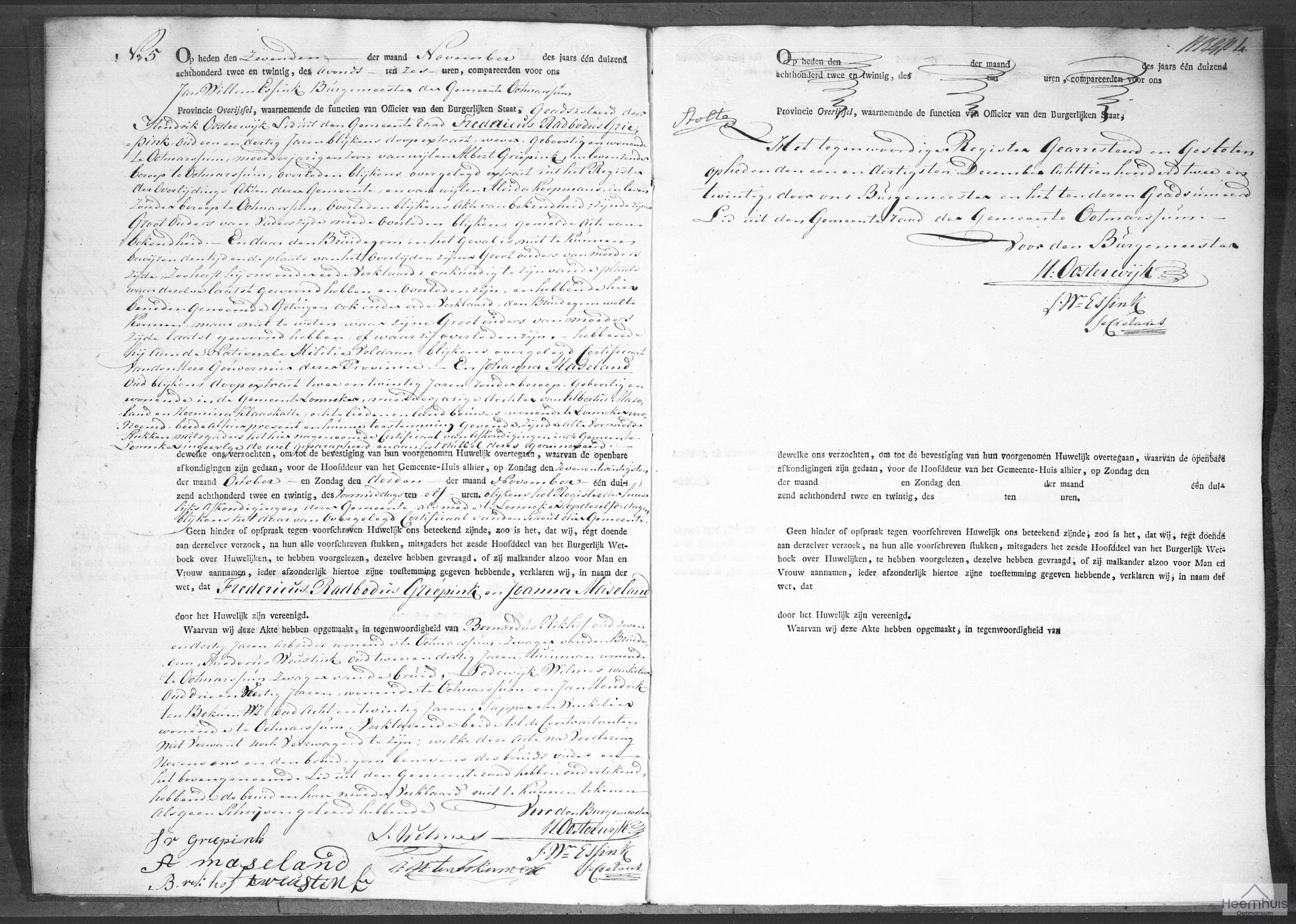 Huwelijksakte van Fredericus Radbodus Griepink en Joanna Maseland