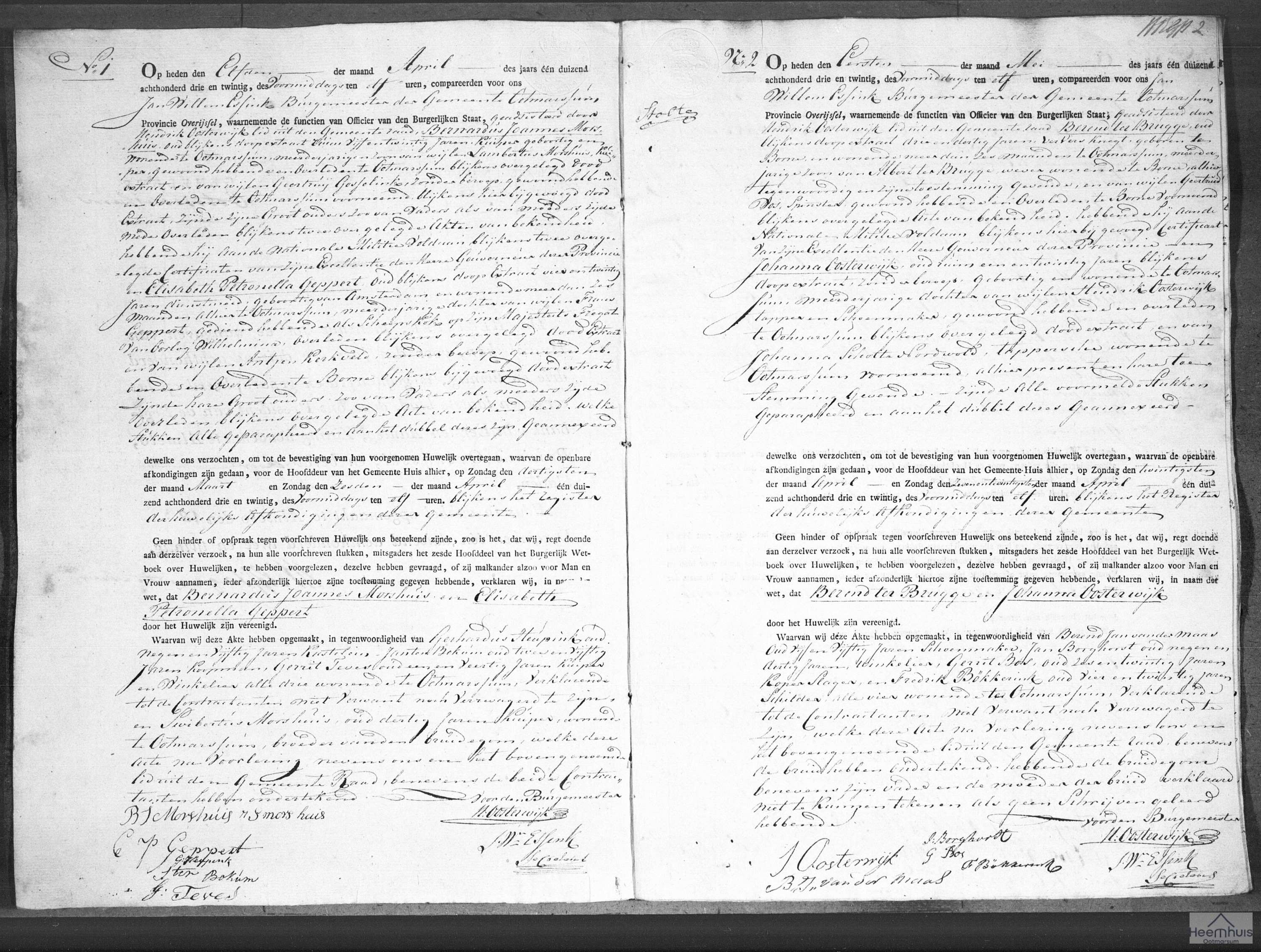 Huwelijksakte van Berend ter Brugge en Johanna Oosterwijk