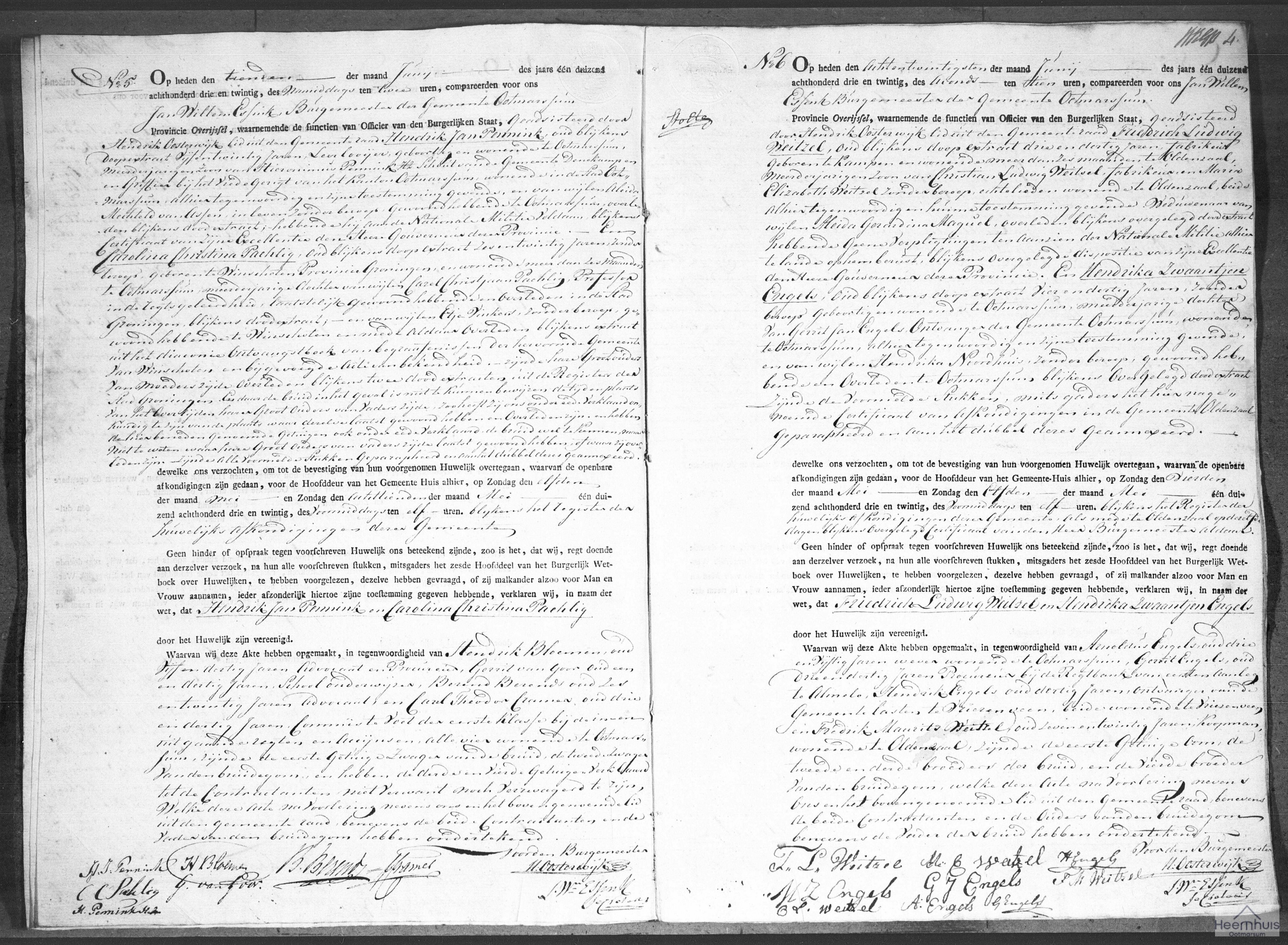 Huwelijksakte van Friedrich Ludwig Weitzel en Hendrika Zwaantjen Engels