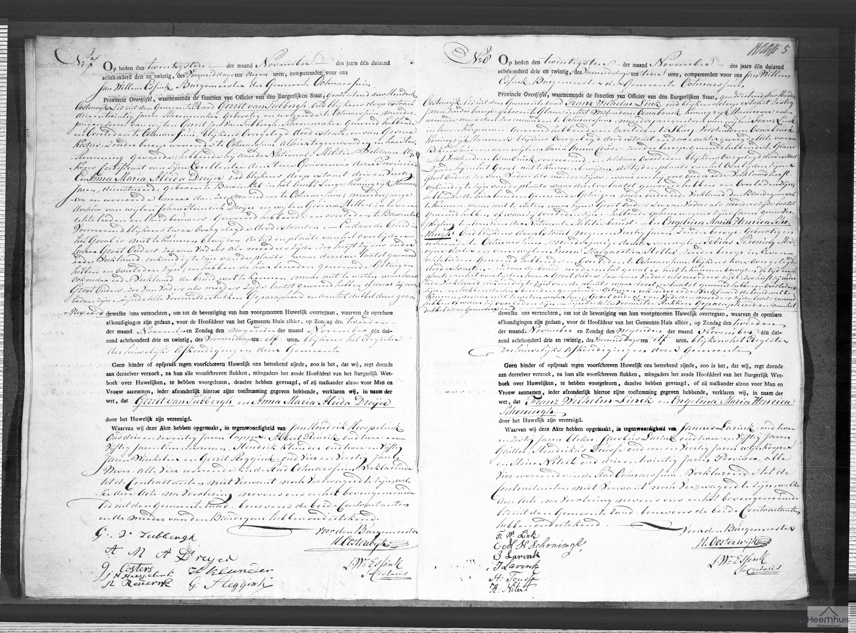 Huwelijksakte van Franz Wilhelm Link en Engelina Maria Henrica Schoningh