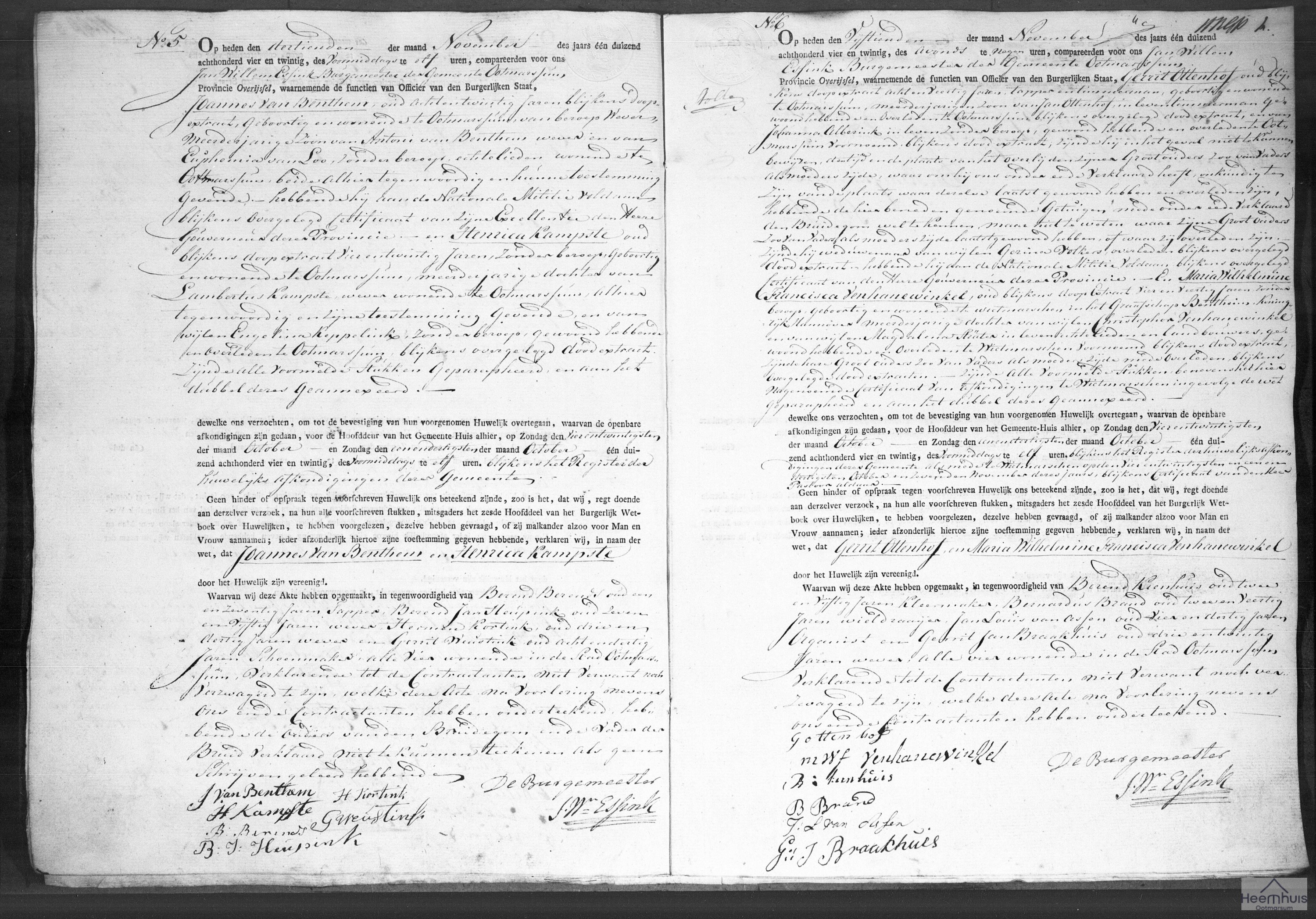 Huwelijksakte van Gerrit Ottenhof en Maria Wilhelmine Francisca Venhanewinkel