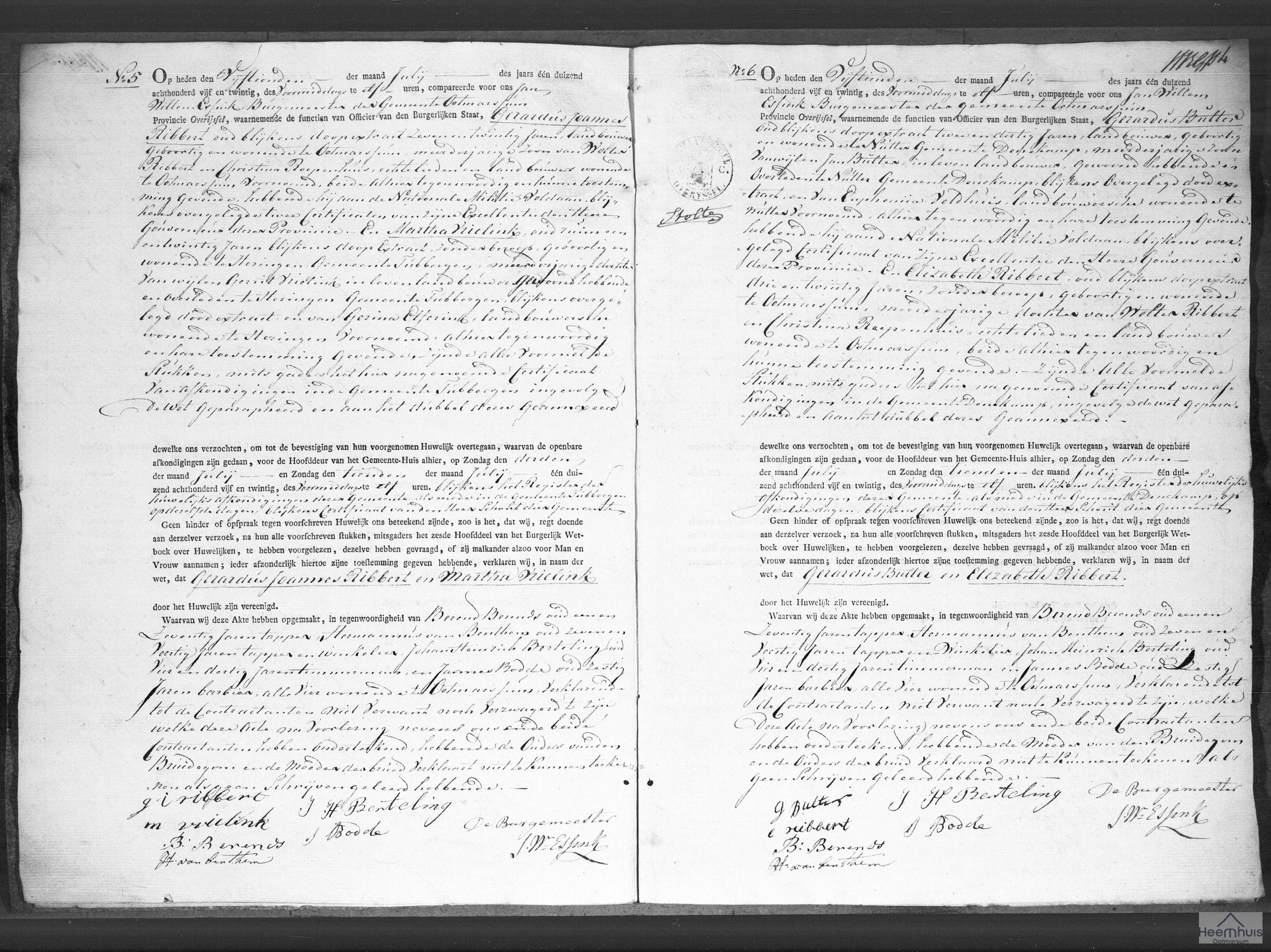 Huwelijksakte van Gerardus Bulter en Elizabeth Ribbert