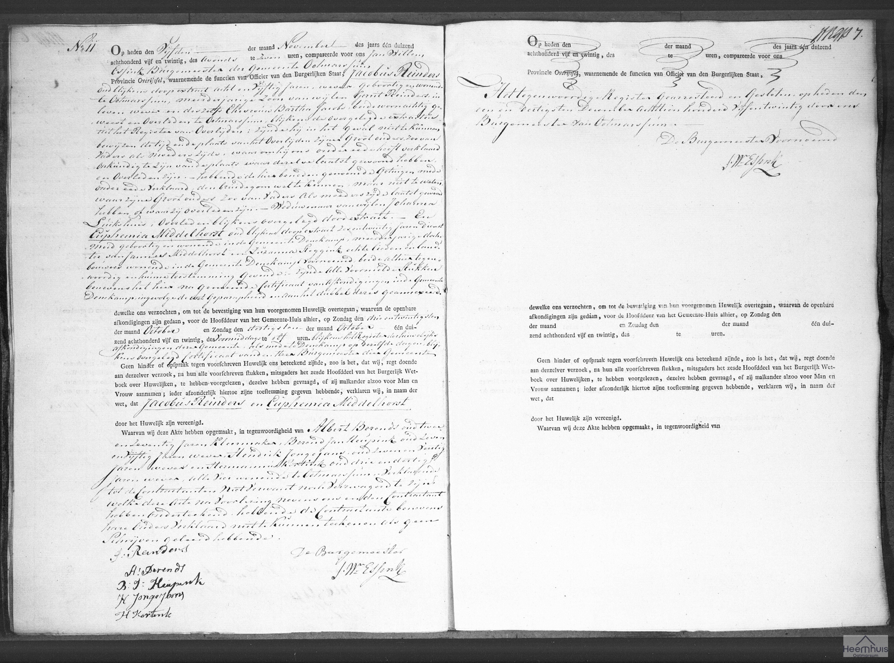 Huwelijksakte van Jacobus Reinders en Euphemia Middelhorst
