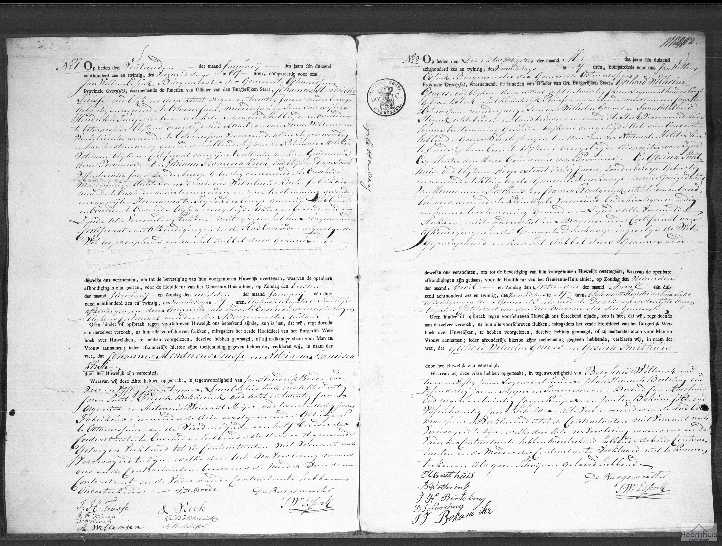 Huwelijksakte van Johannes Hendricus Teusse en Adriana Francisca Kirch