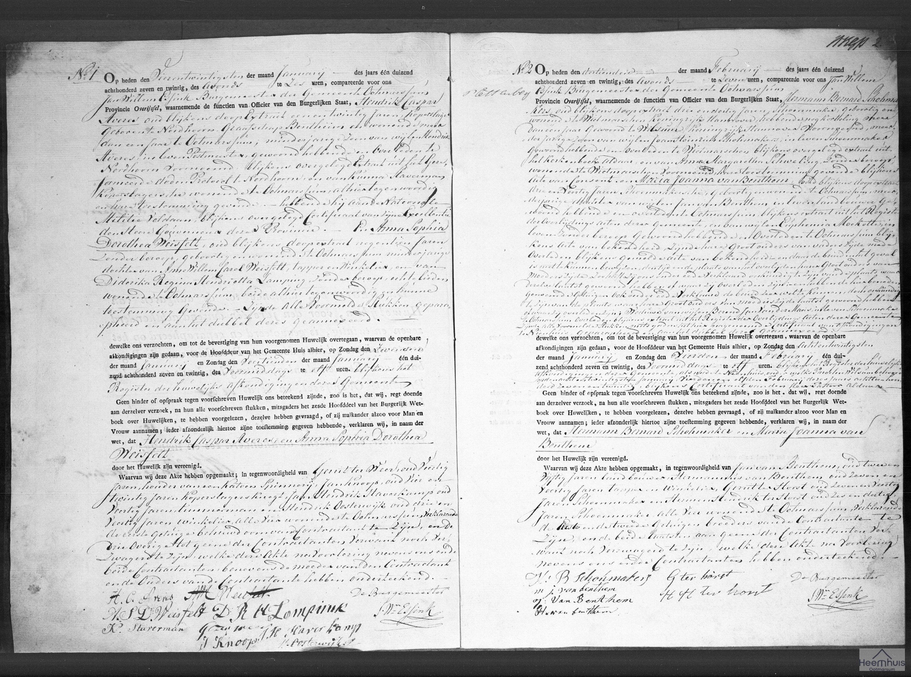 Huwelijksakte van Hermann Bernard Schohmakers en Maria Joanna van Benthem