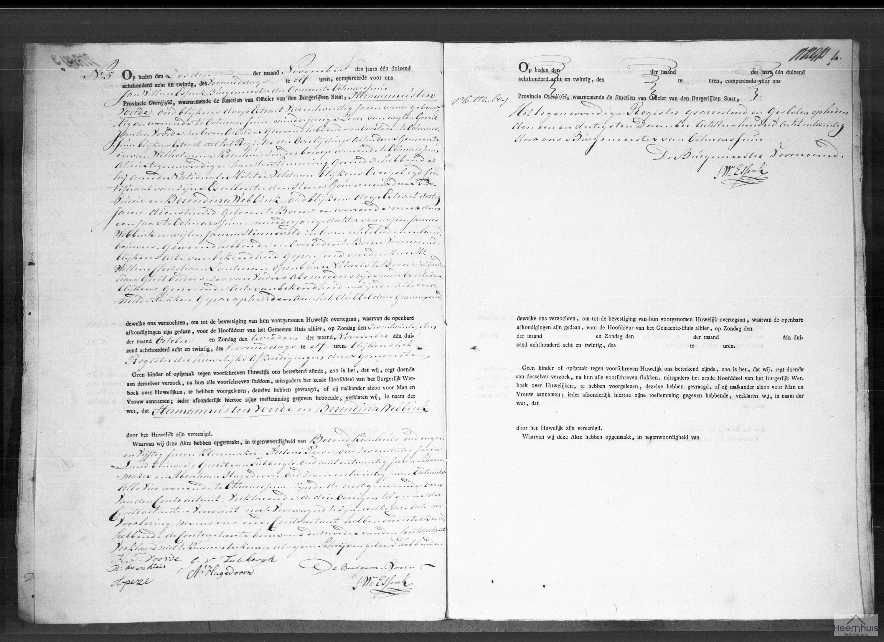 Huwelijksakte van Hermannus ten Voorde en Berendina Webbink