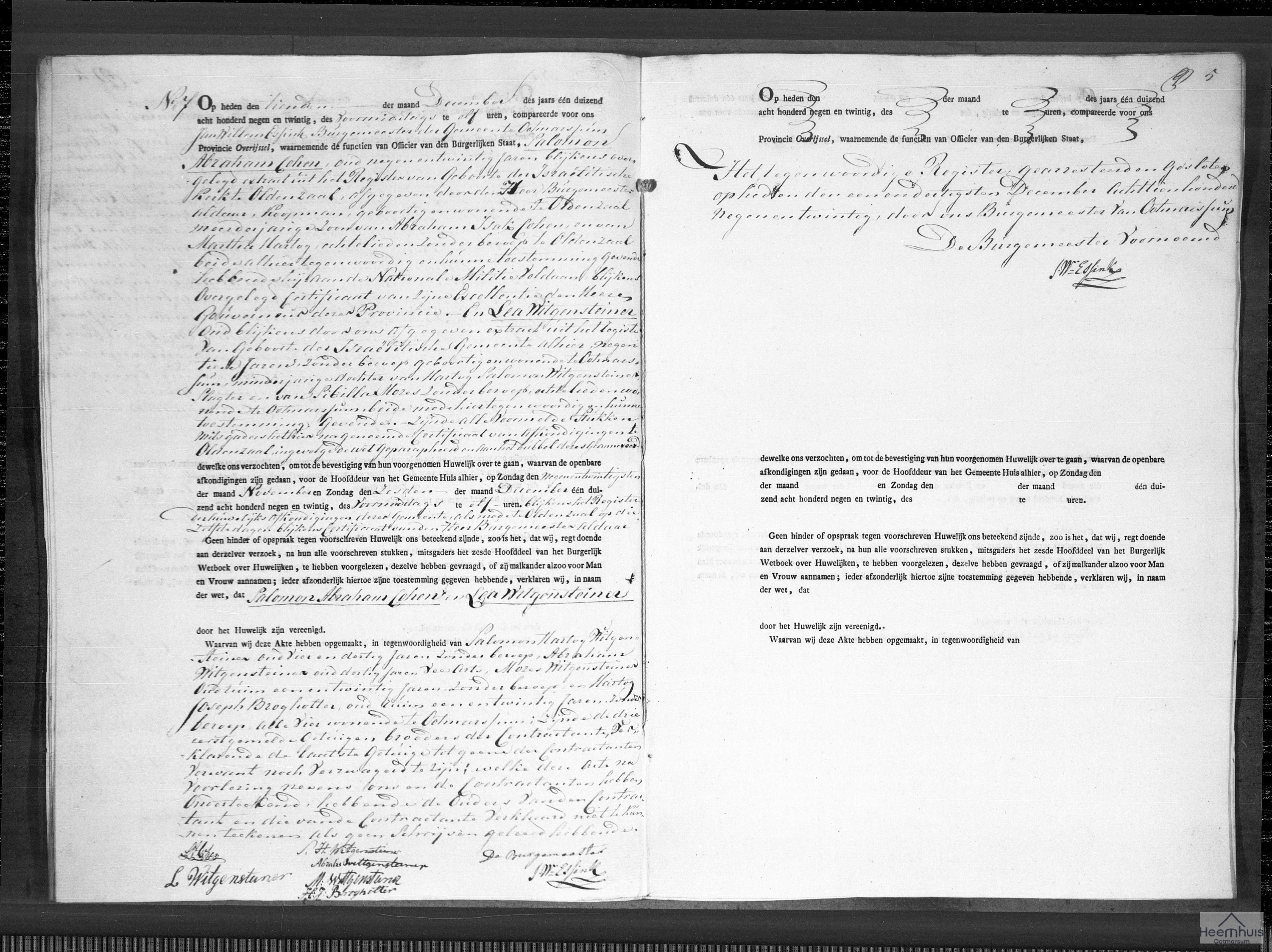 Huwelijksakte van Salomon Abraham Cohen en Lea Witgensteiner