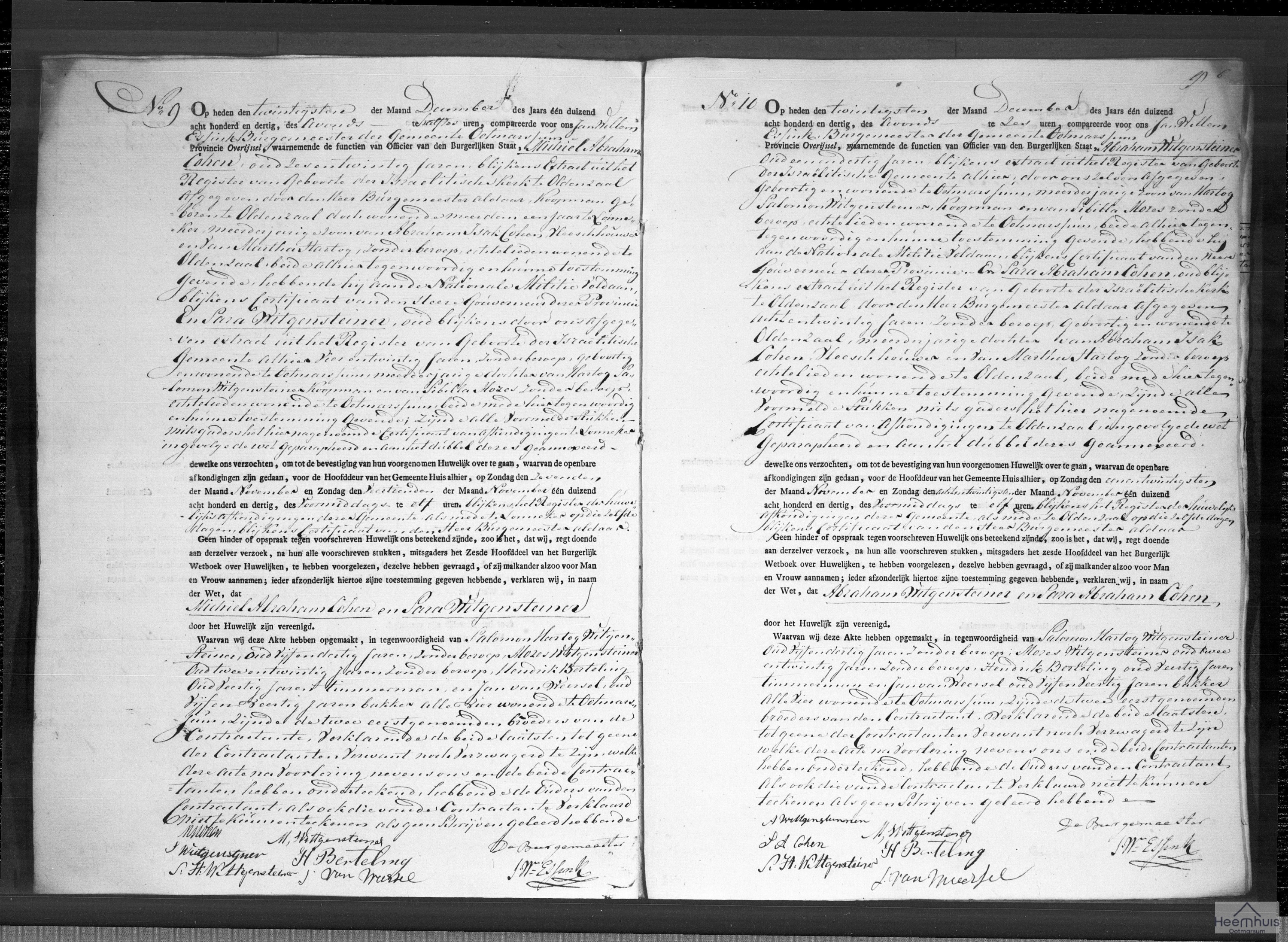 Huwelijksakte van Michiel Abraham Cohen en Sara Witgensteiner