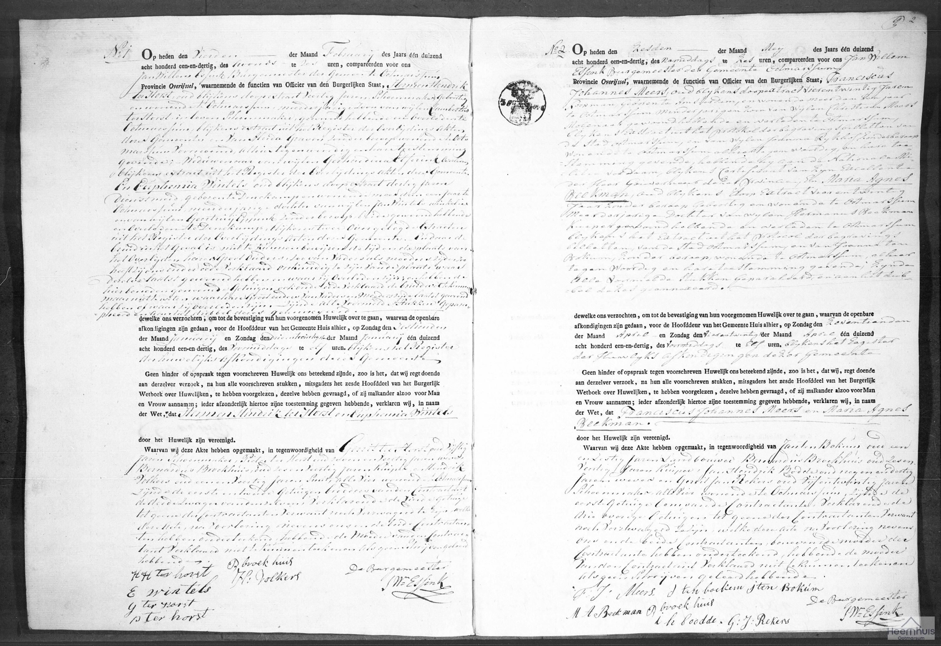 Huwelijksakte van Franciscus Joannes Meers en Maria Agnes Beekman