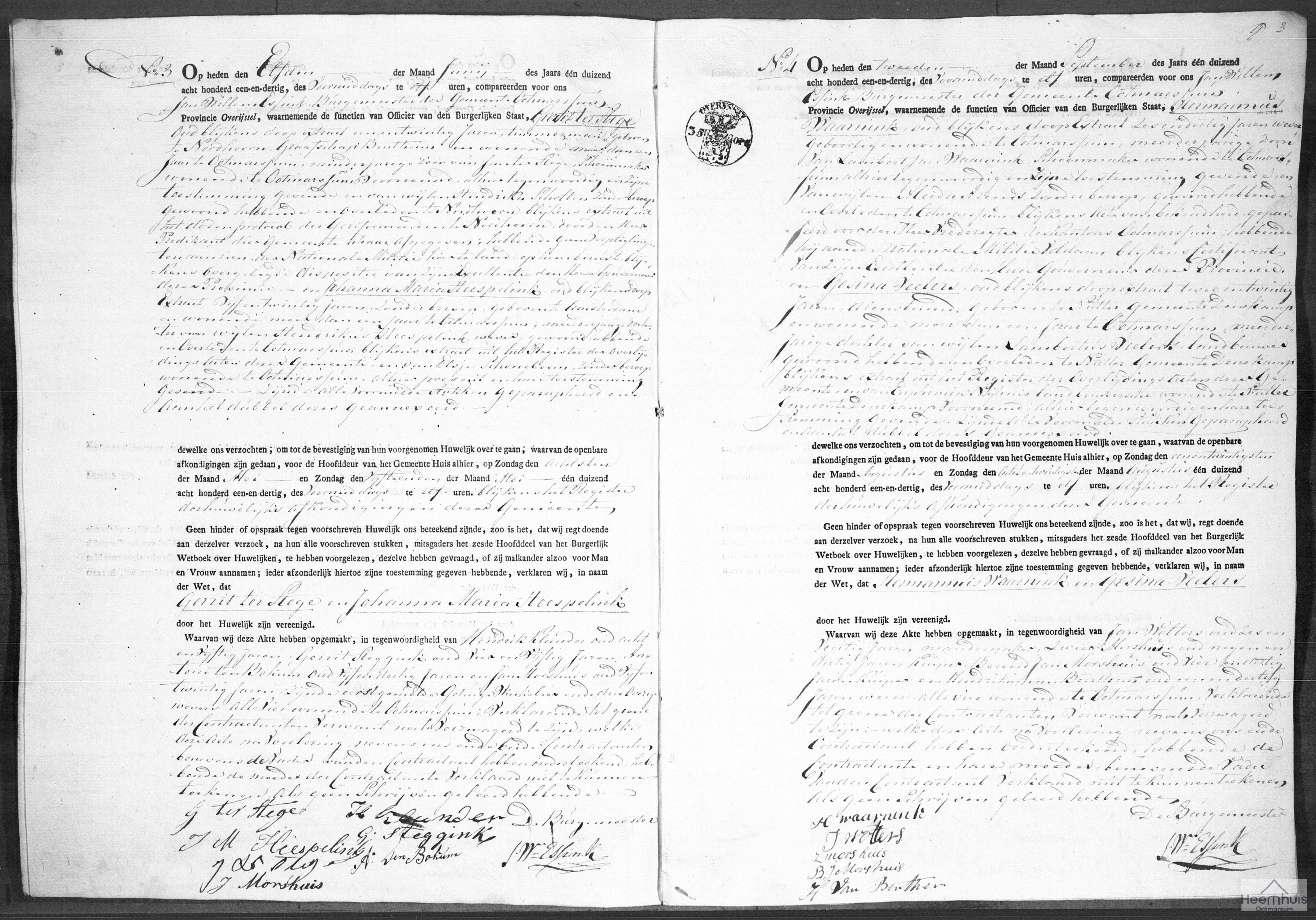 Huwelijksakte van Hermannus Waarnink en Gesina Veelers