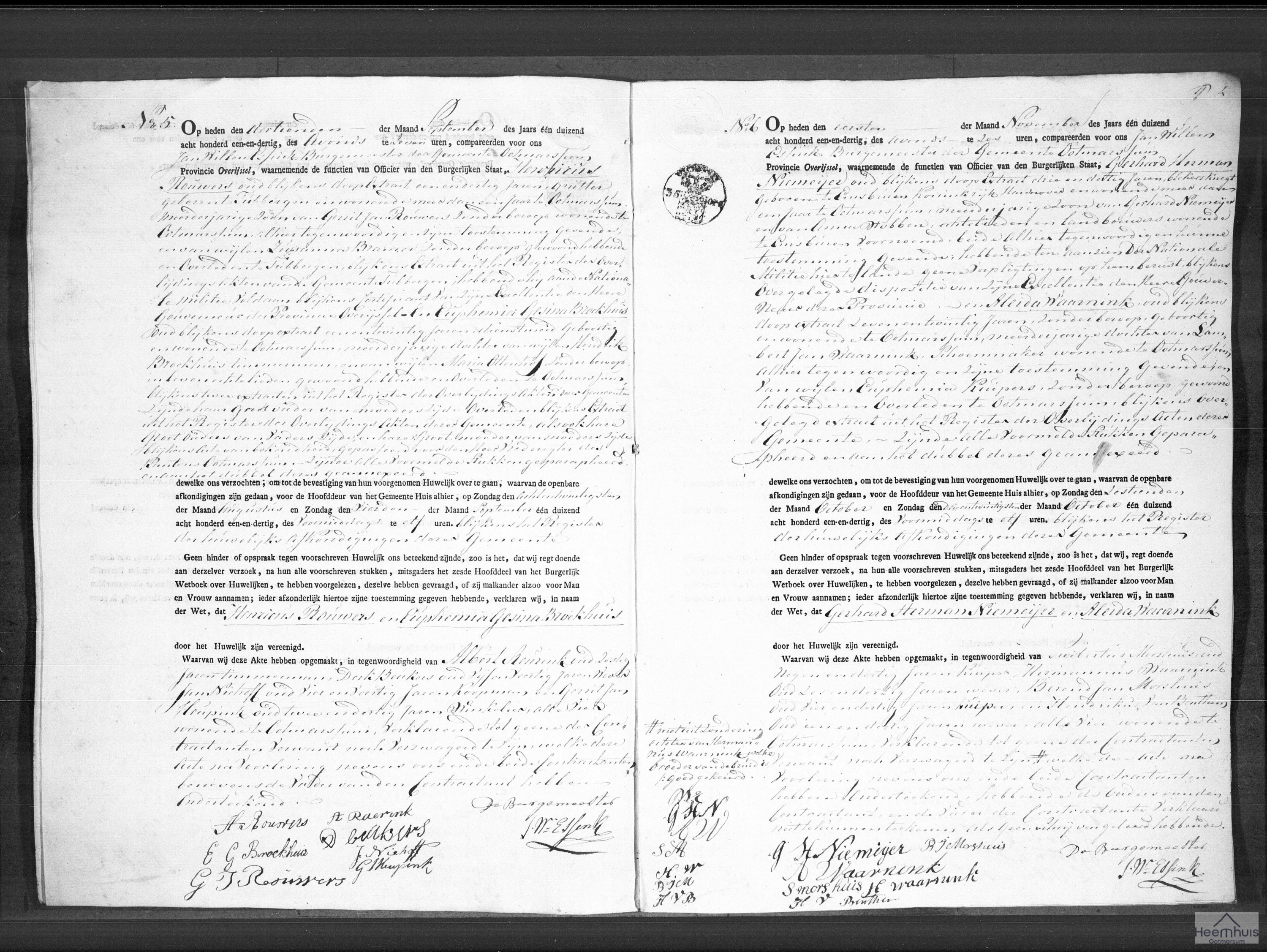 Huwelijksakte van Henricus Rouwers en Euphemia Gesina Broekhuis