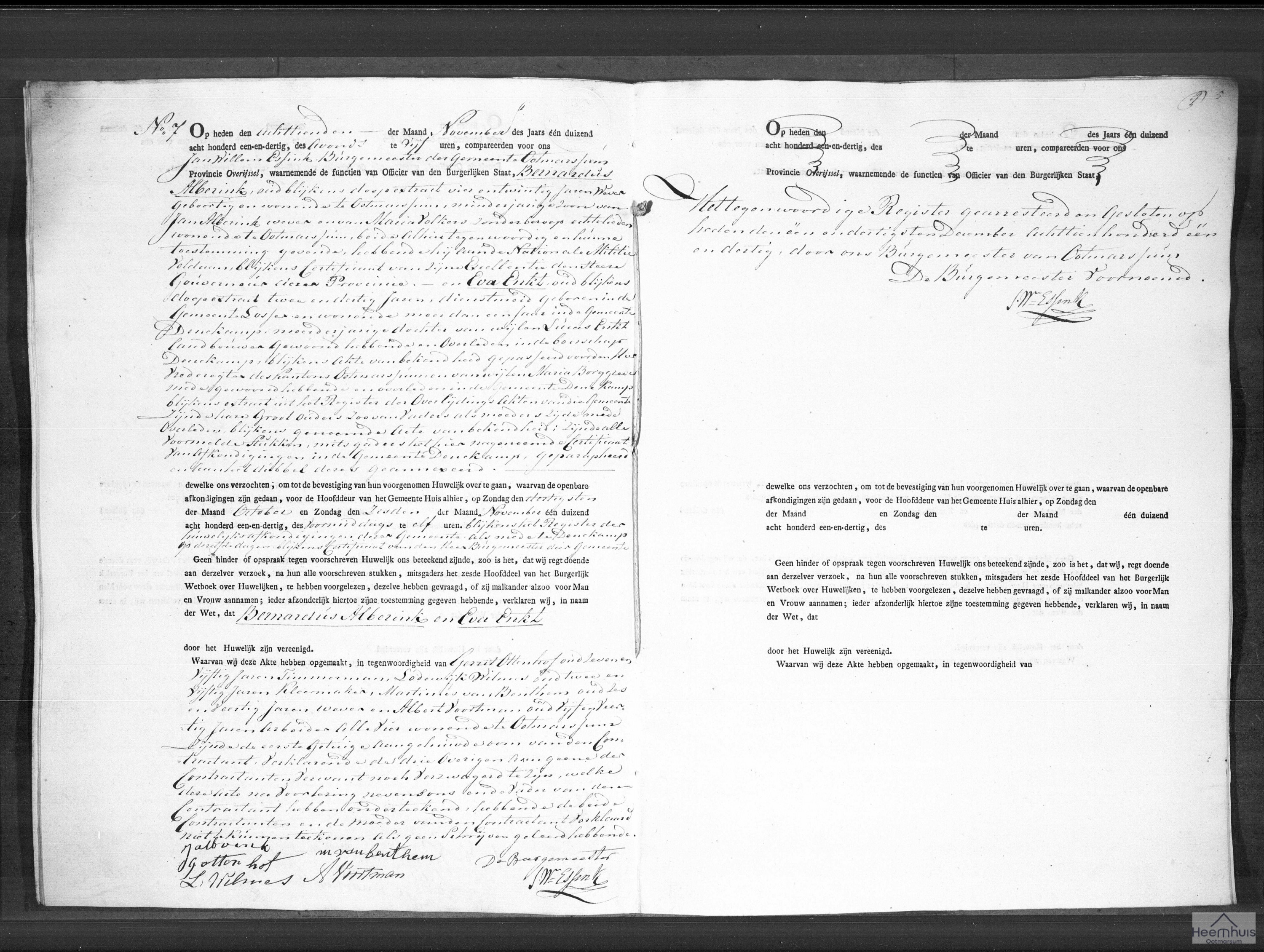 Huwelijksakte van Bernardus Alberink en Eva Enkt