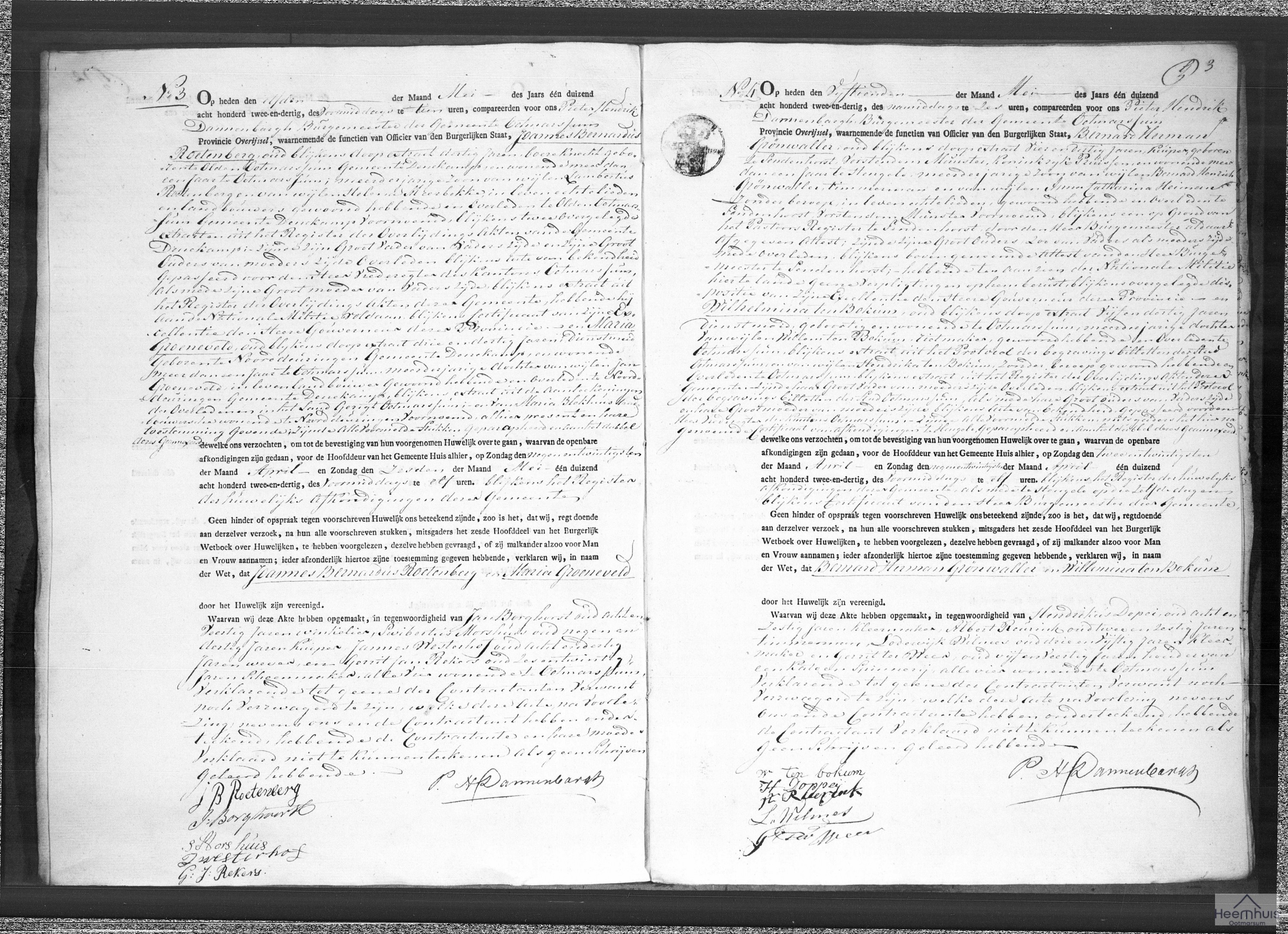 Huwelijksakte van Bernard Herman Grönwaller en Wilhelmina ten Bokum