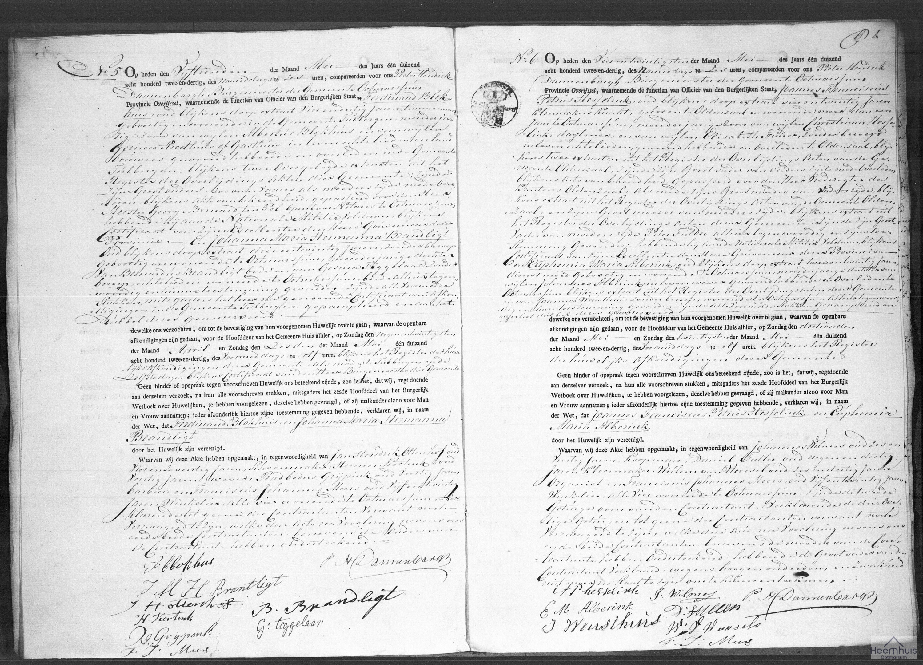 Huwelijksakte van Ferdinand Blokhuis en Johanna Maria Hermanna Brandligt