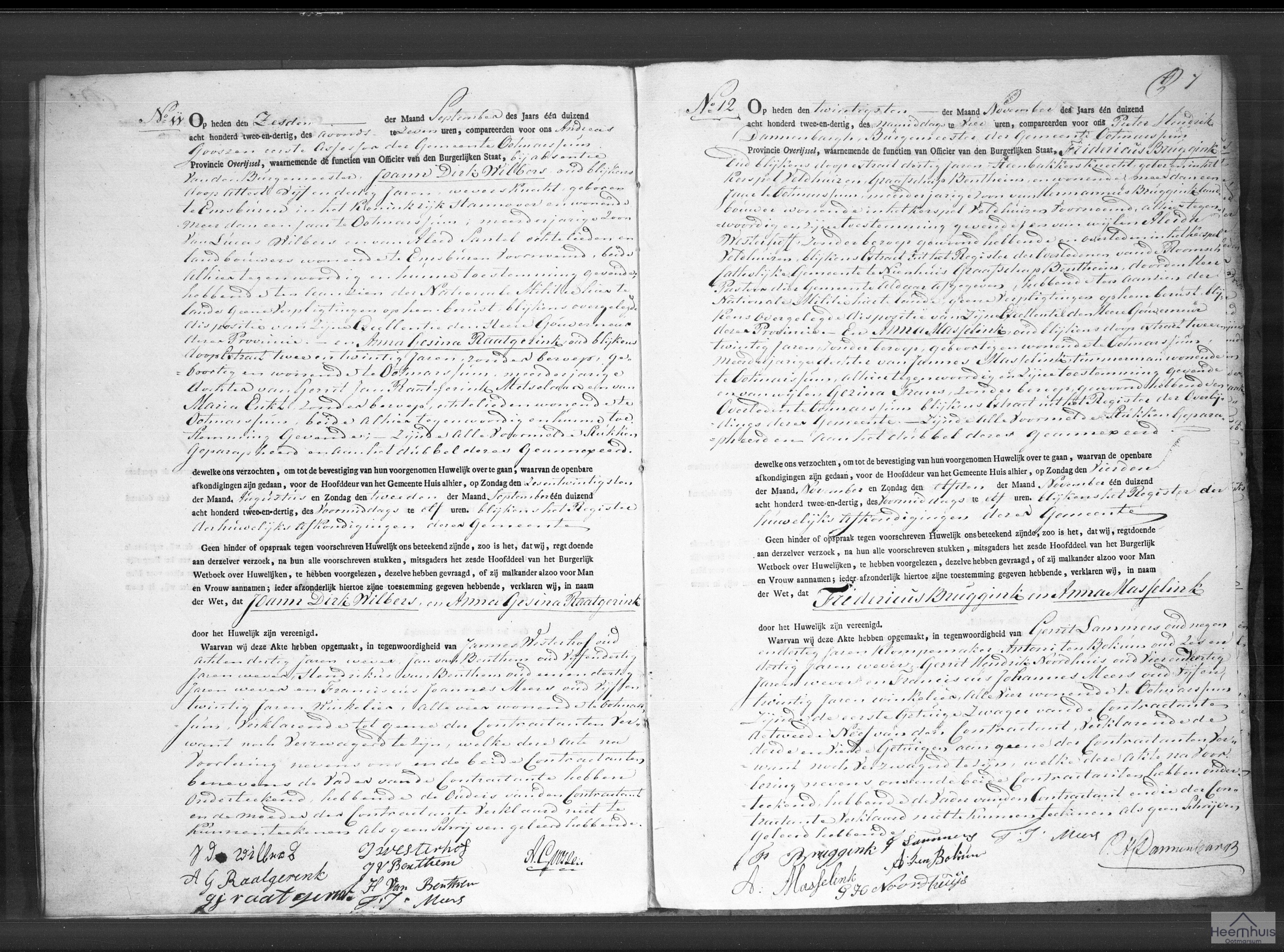 Huwelijksakte van Fridericus Bruggink en Anna Masselink