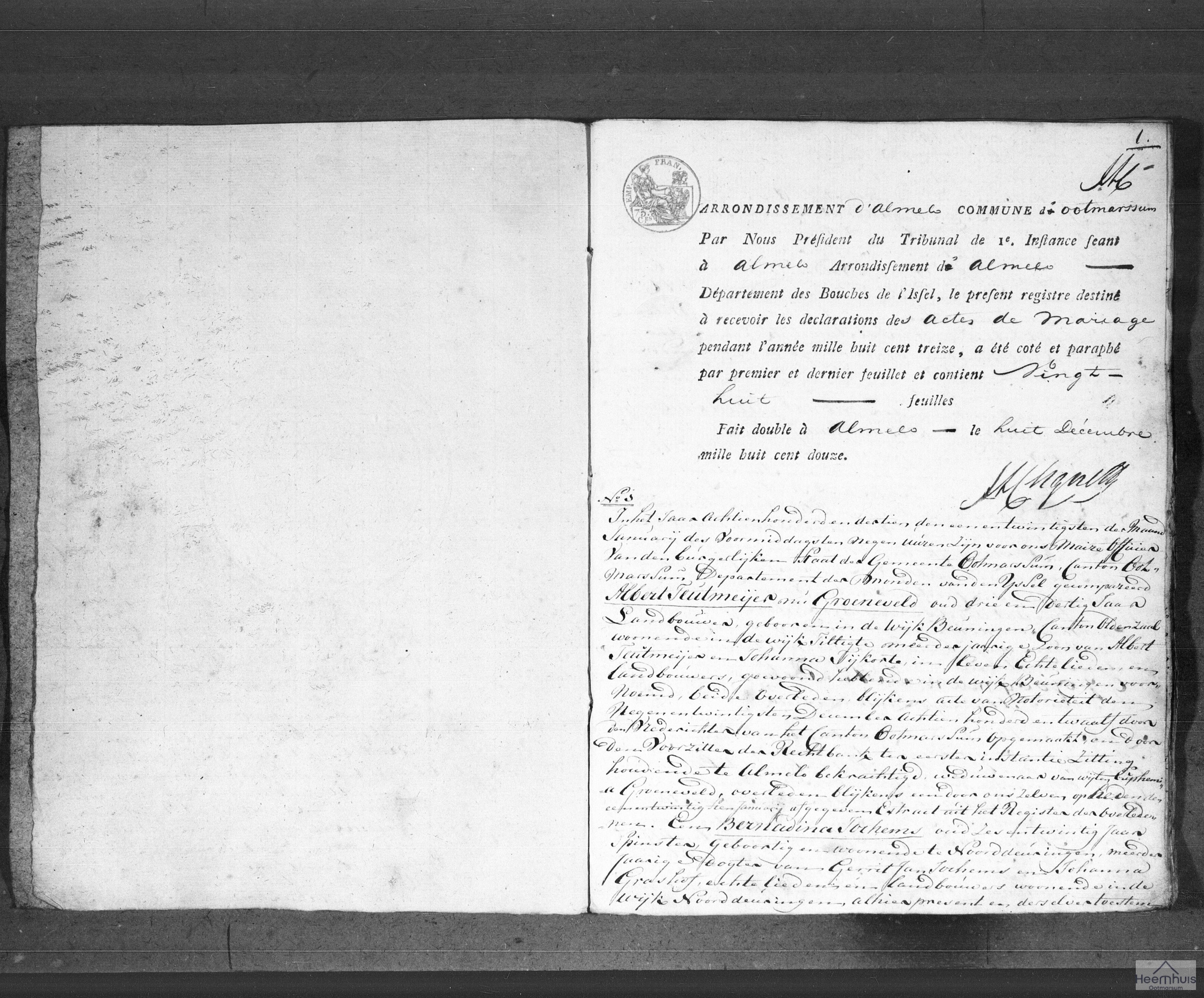 Huwelijksakte van Albert Teutmeijer nu Groeneveld en Bernadina Jochems