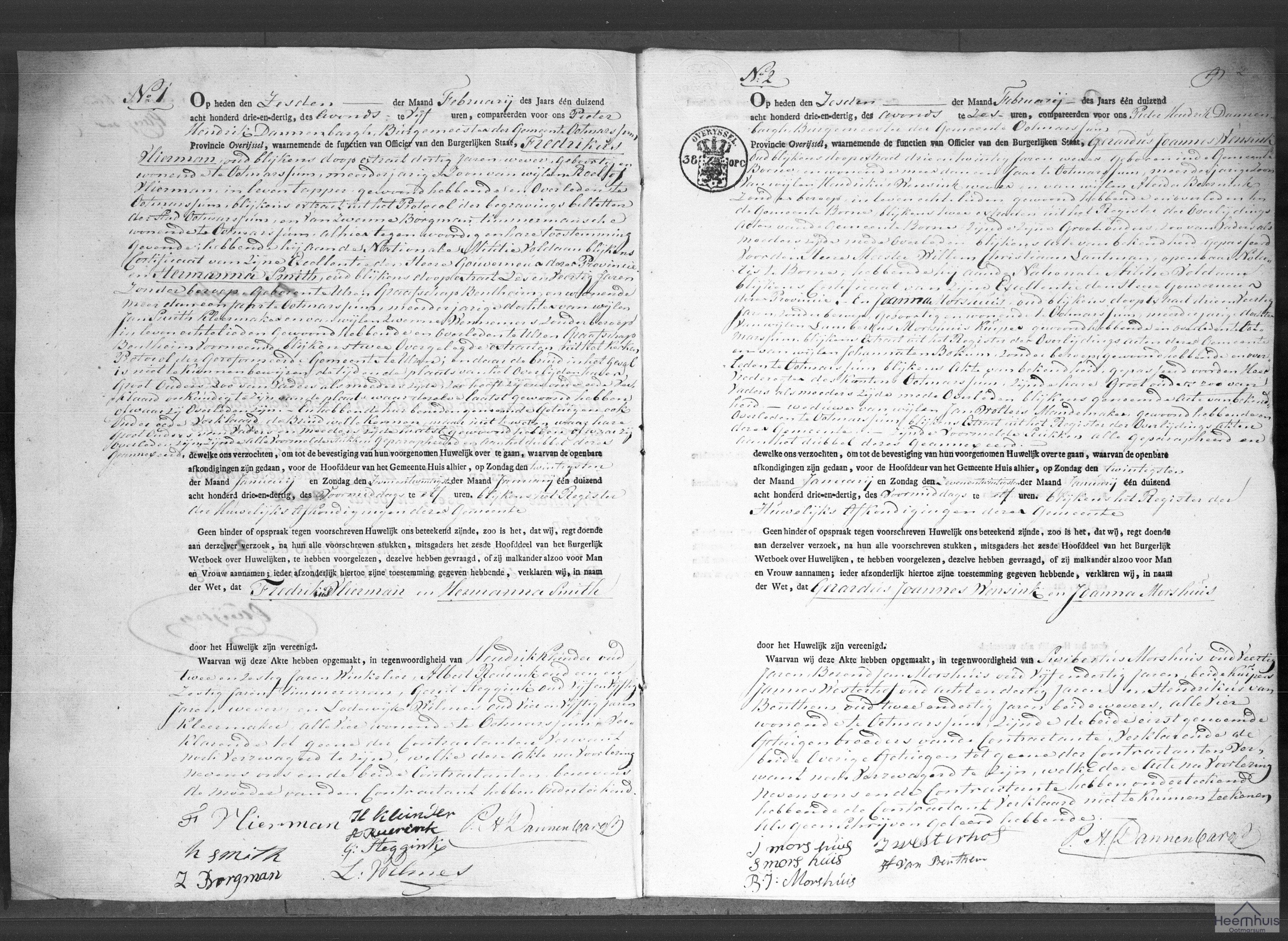Huwelijksakte van Fredrikus Vlierman en Hermanna Smith Huwelijksakte van Fredrikus Vlierman en Hermanna Smith
