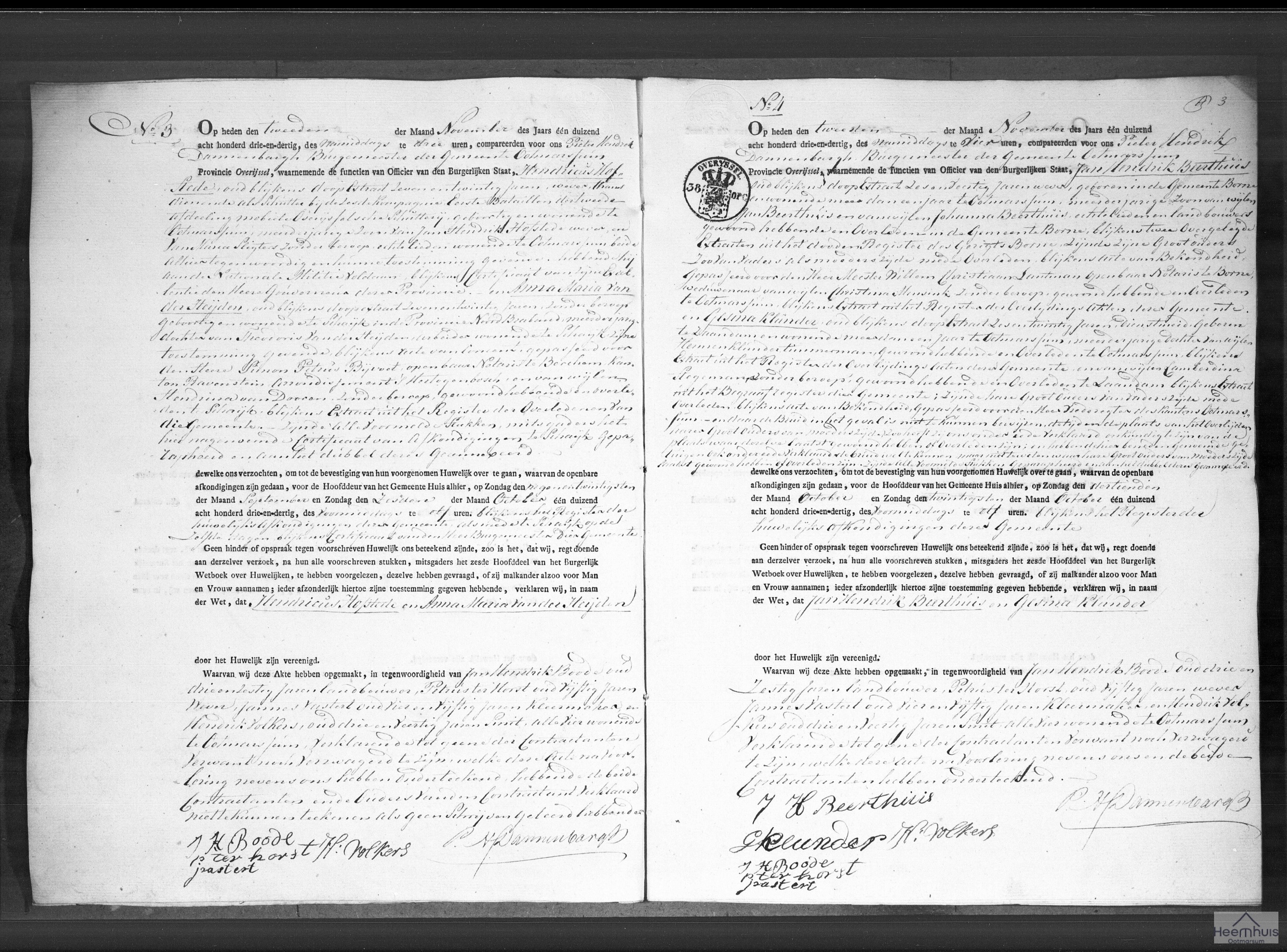 Huwelijksakte van Hendricus Hofstede en Anna Maria van der Heijden