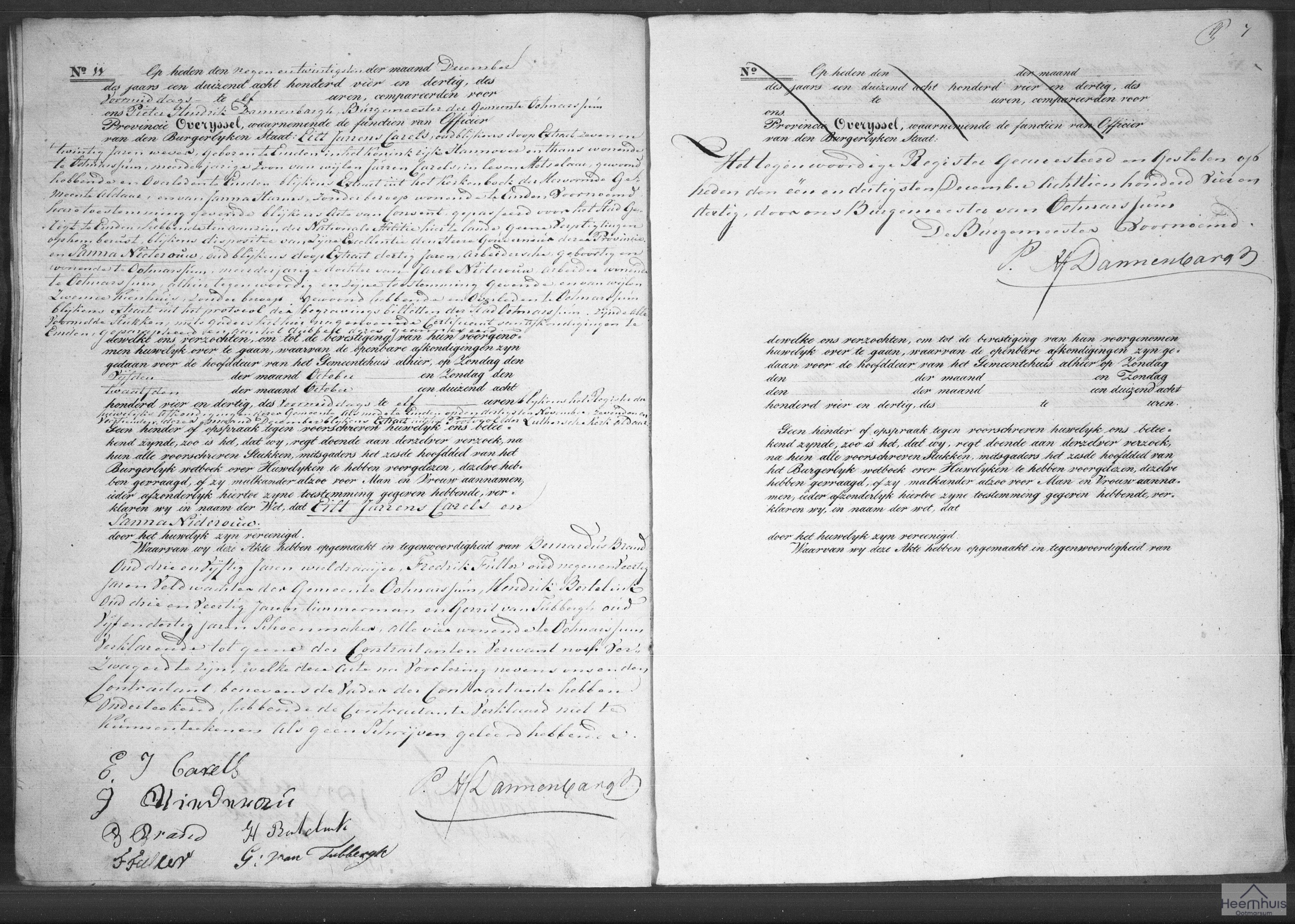 Huwelijksakte van Eilt Jurrens Carels en Sanna Nieterouw