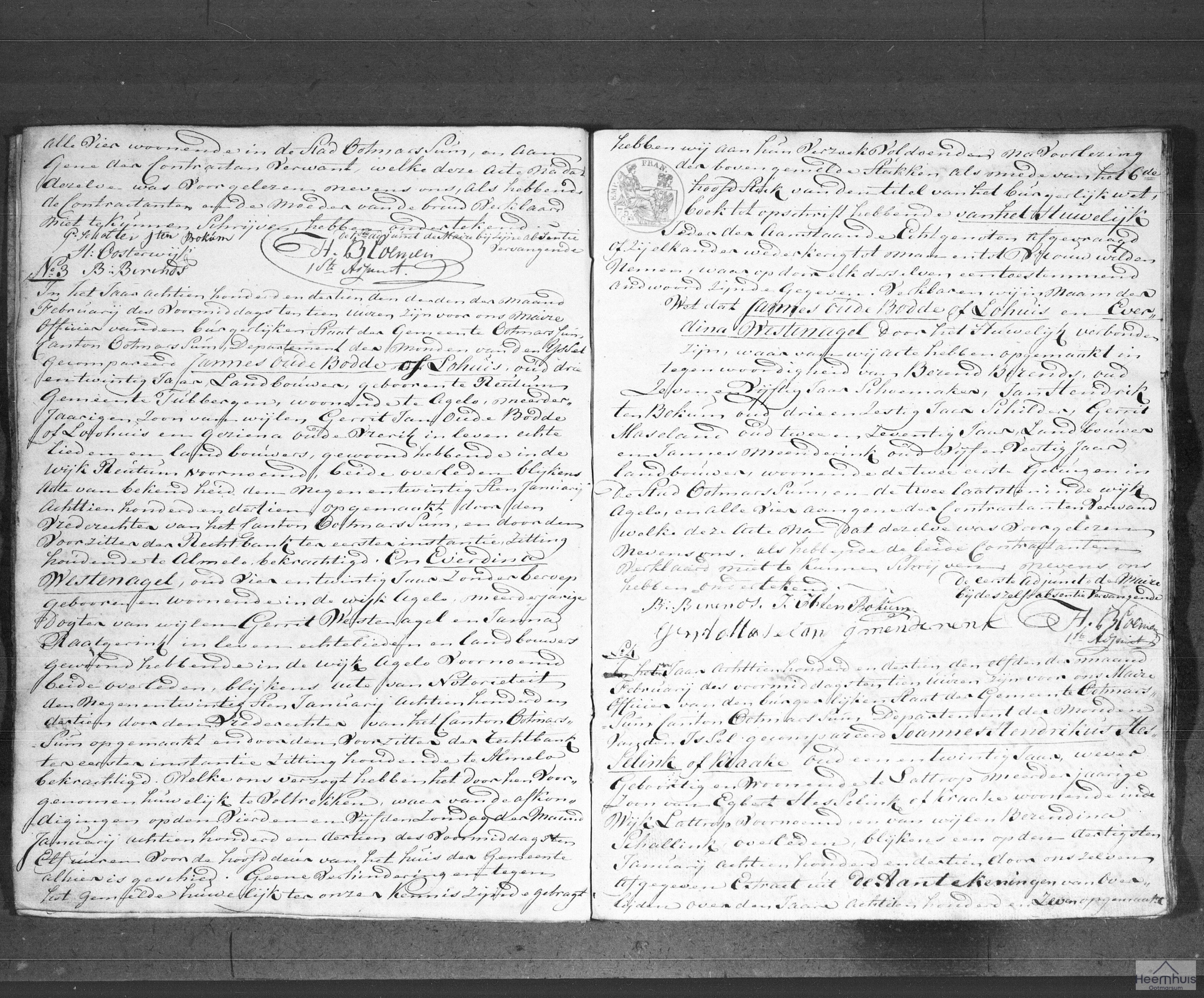 Huwelijksakte van Joannes Hendrikus Hesselink of Kraake en Aleidis Klaashuis