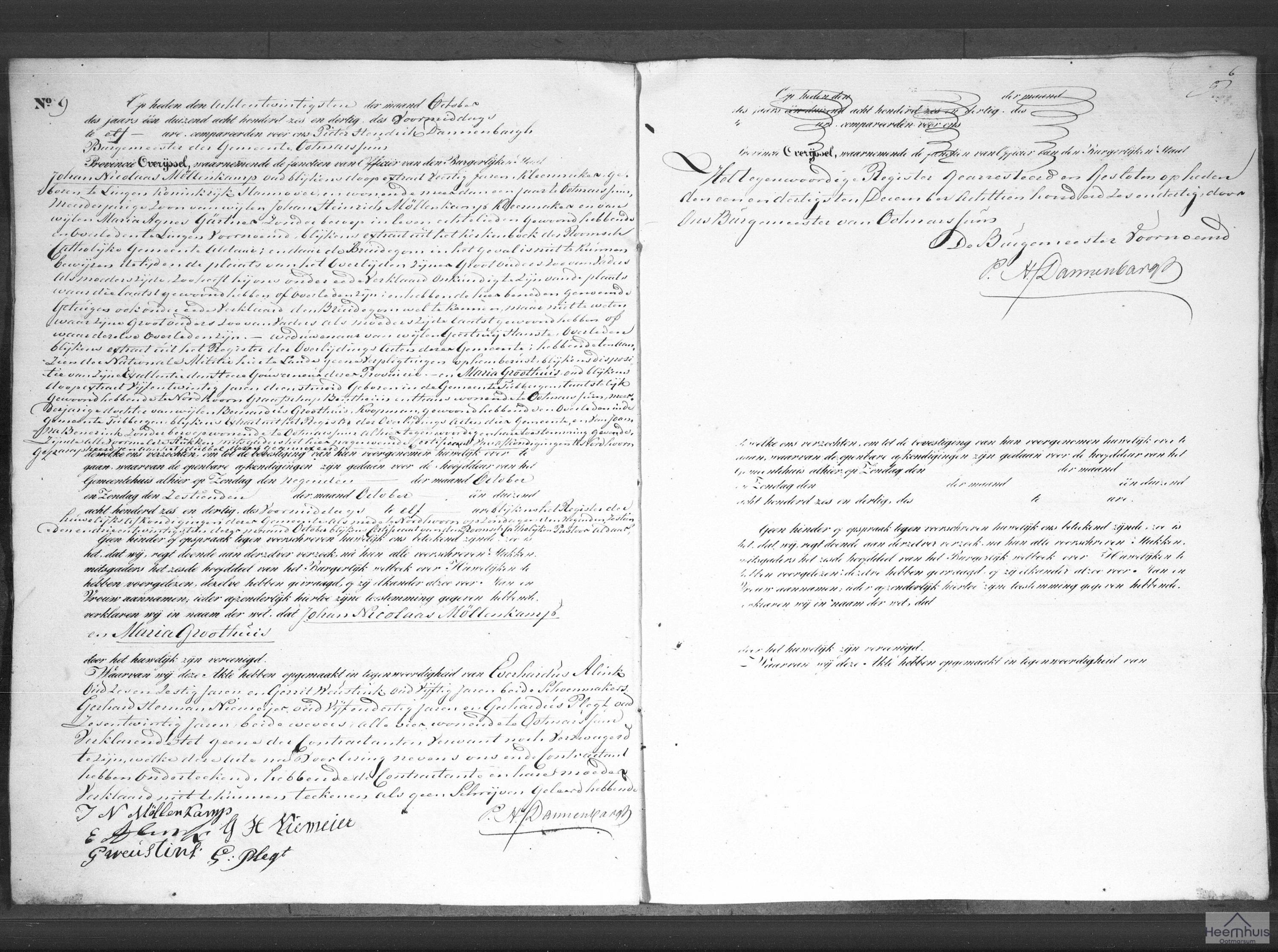 Huwelijksakte van Johan Nicolaas Möllenkamp en Maria Groothuis