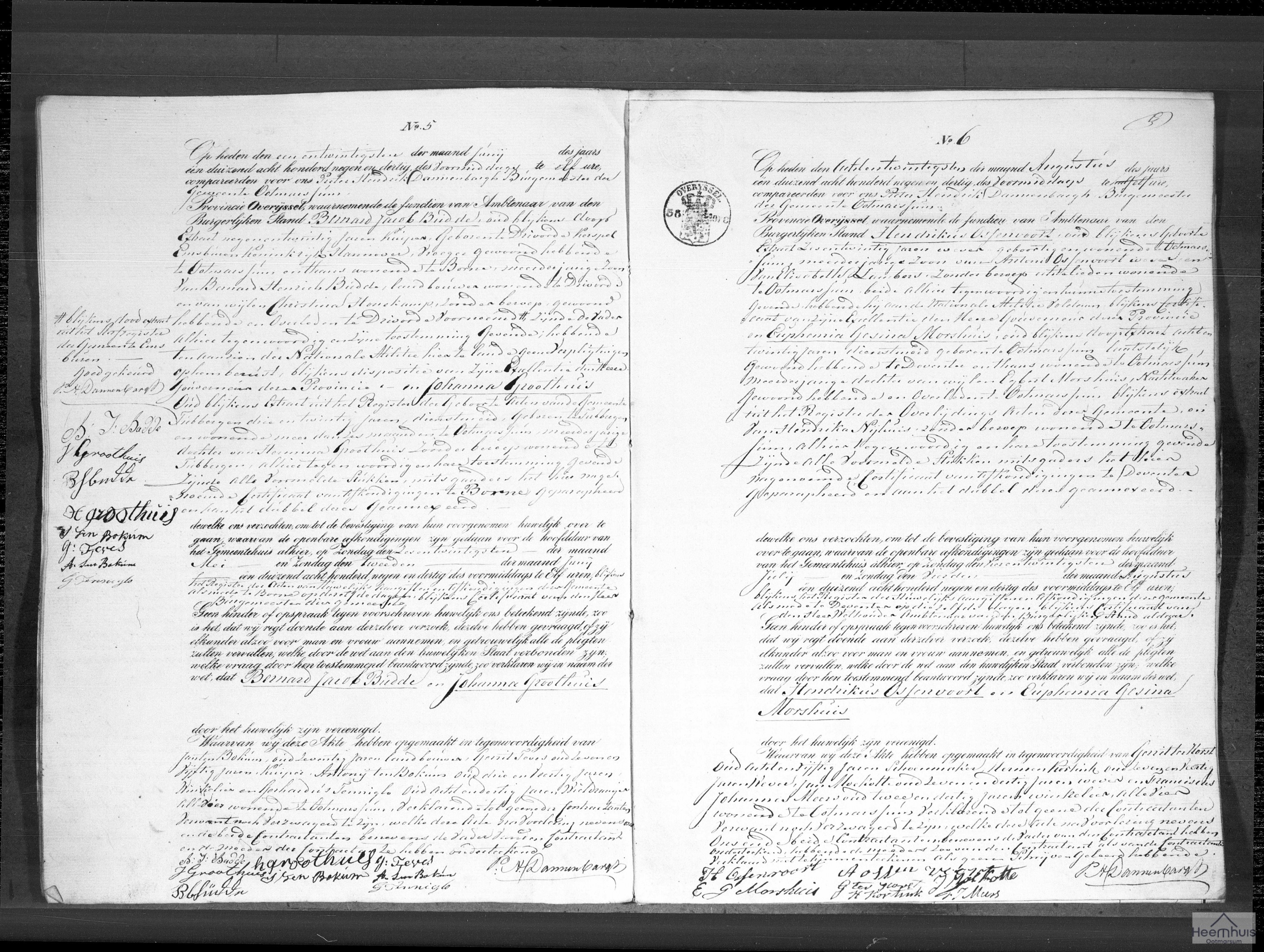 Huwelijksakte van Hendrikus Ossenvoort en Euphemia Gesina Morshuis