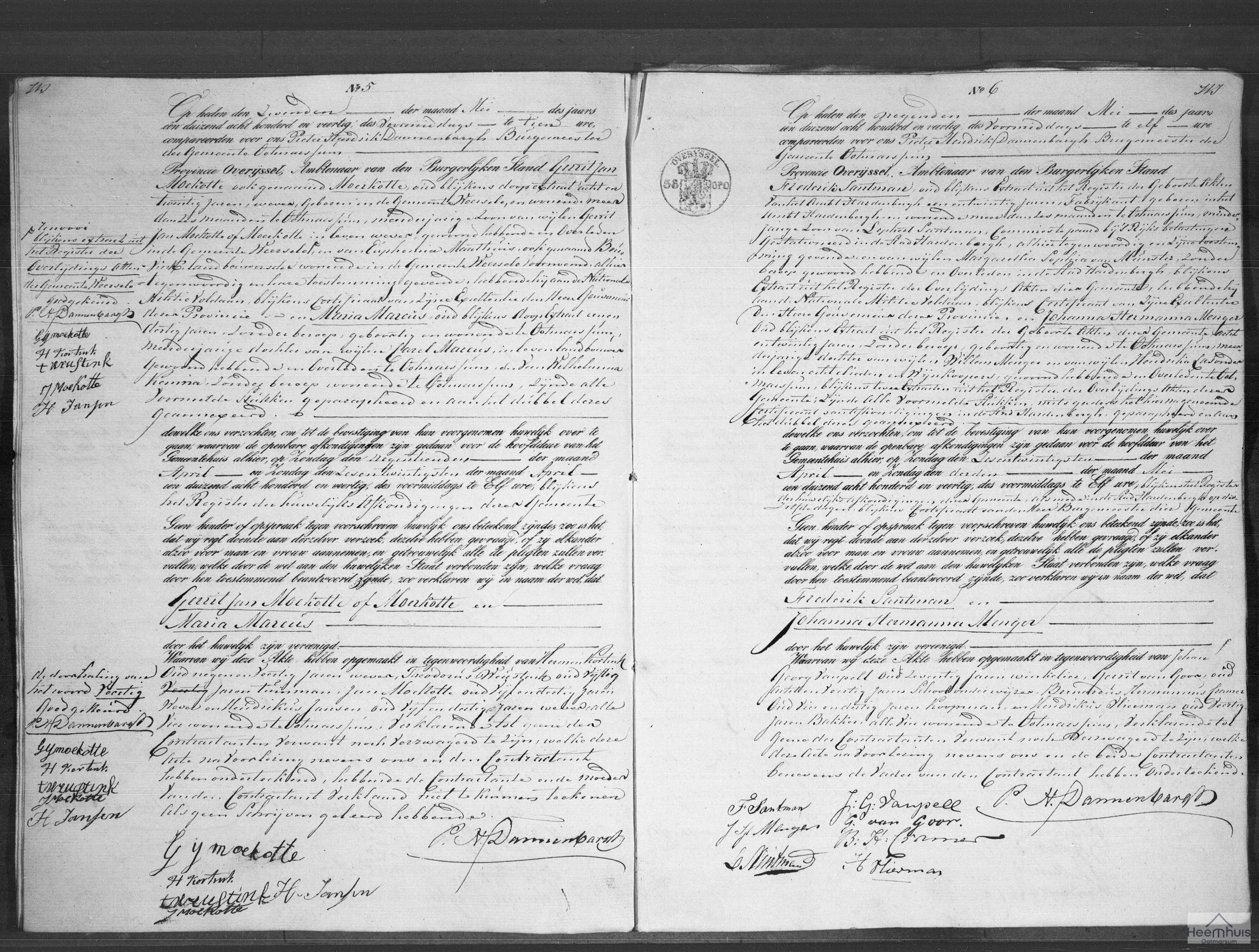 Huwelijksakte van Frederik Santman en Johanna Hermanna Menger