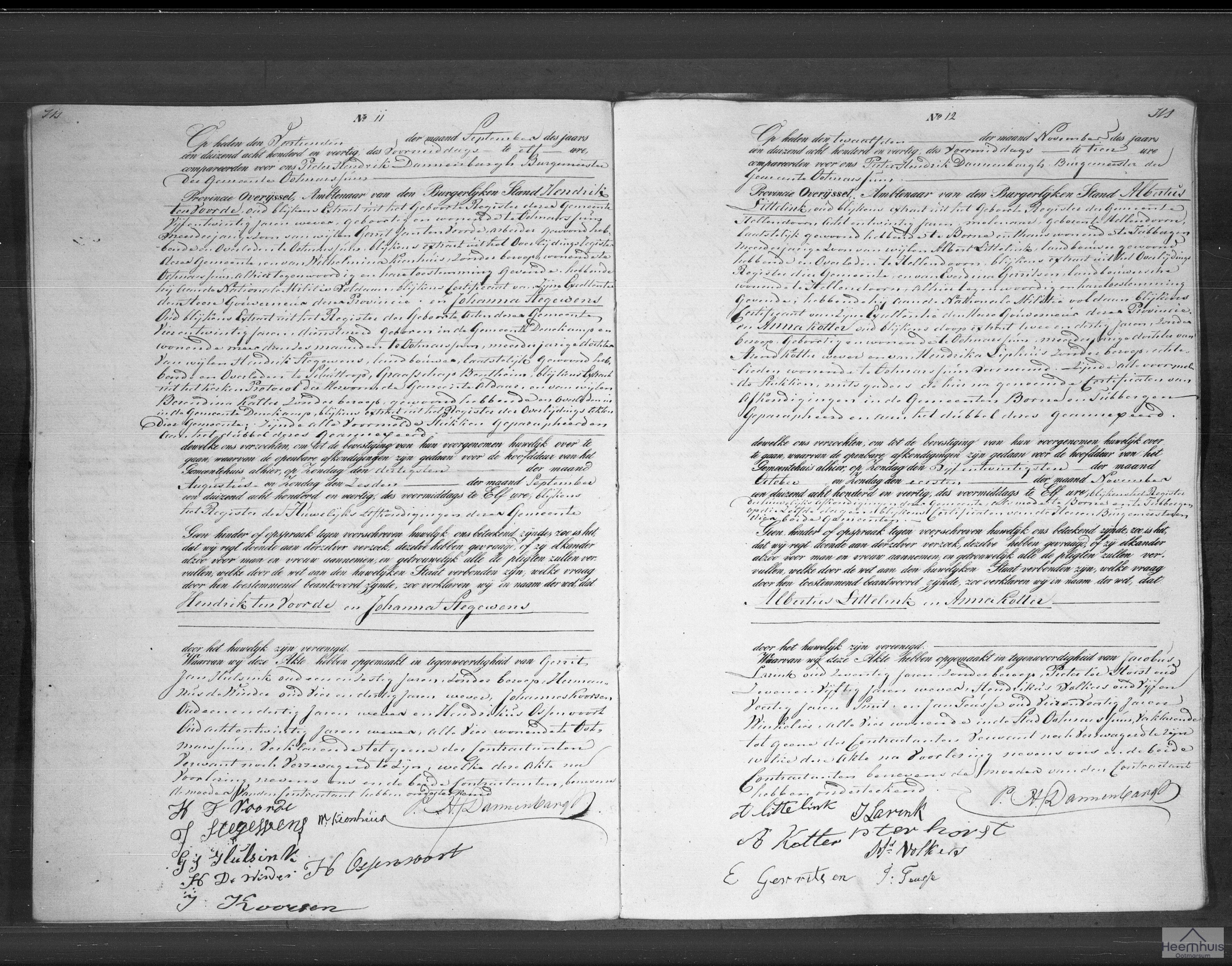 Huwelijksakte van Hendrik ten Voorde en Johanna Stegewens